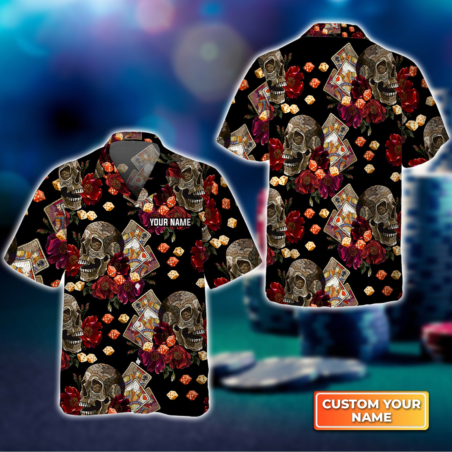 Casino Skull Colorful Personalized Name 3D Hawaiian Shirt For Poker Players QB95