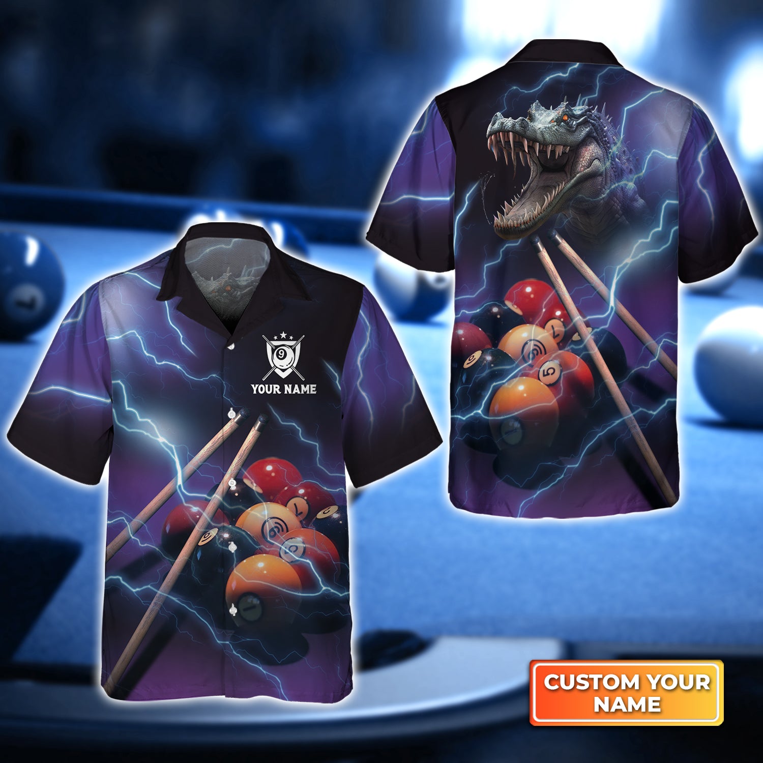 Crocodile Billiard 9 Ball Thunder Lightning Personalized Name 3D Hawaiian Shirt For Billiard Players QB95