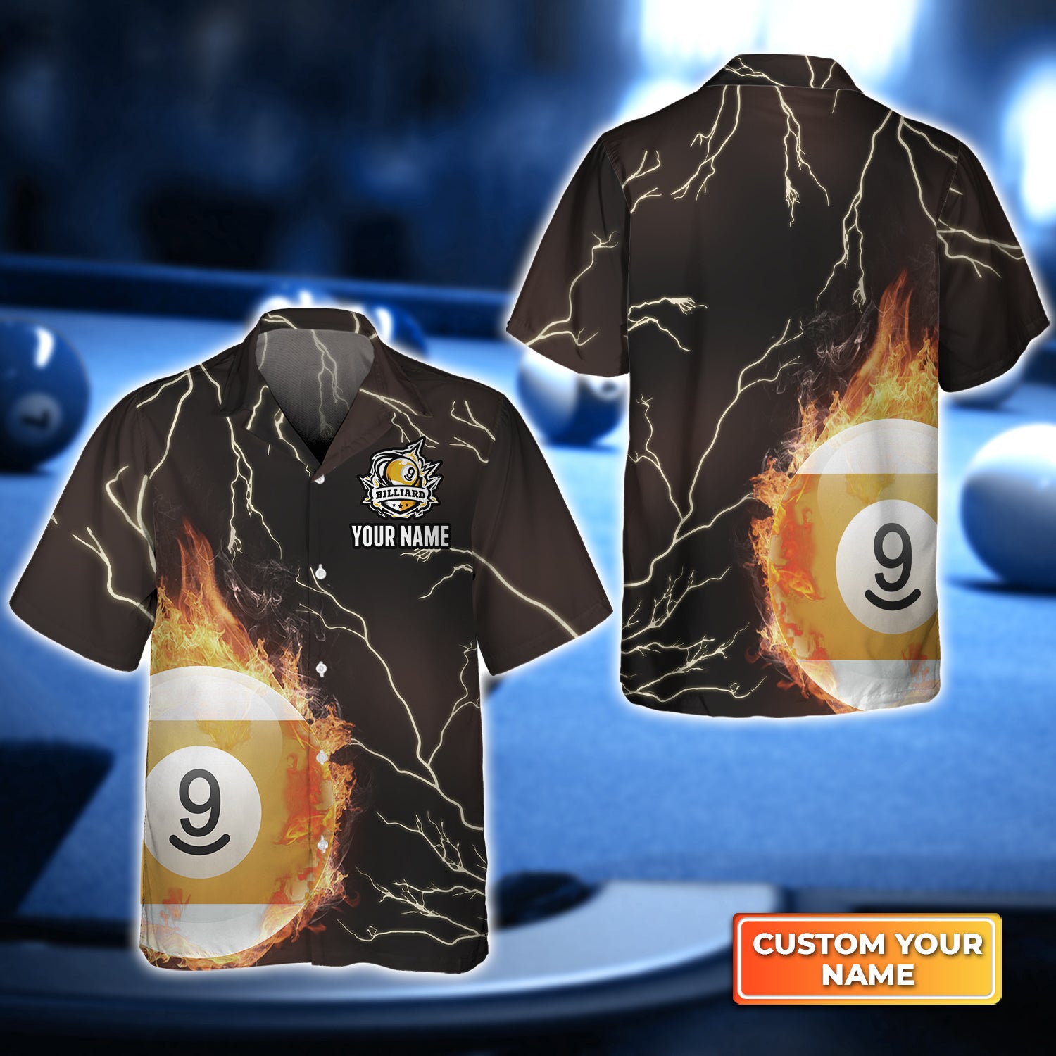 Billiard 9 Ball Fire Flame Personalized Name 3D Hawaiian Shirt For Billiard Players QB95