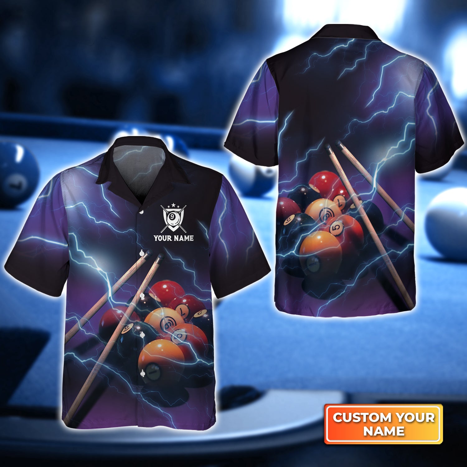 Billiard 9 Ball Thunder Lightning Personalized Name 3D Hawaiian Shirt For Billiard Players QB95