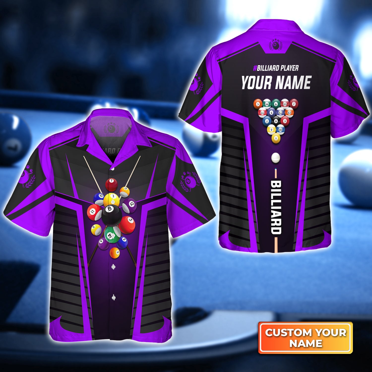 Purple Billiard Balls Personalized Name 3D Hawaiian Shirt For Billiard Players QB95