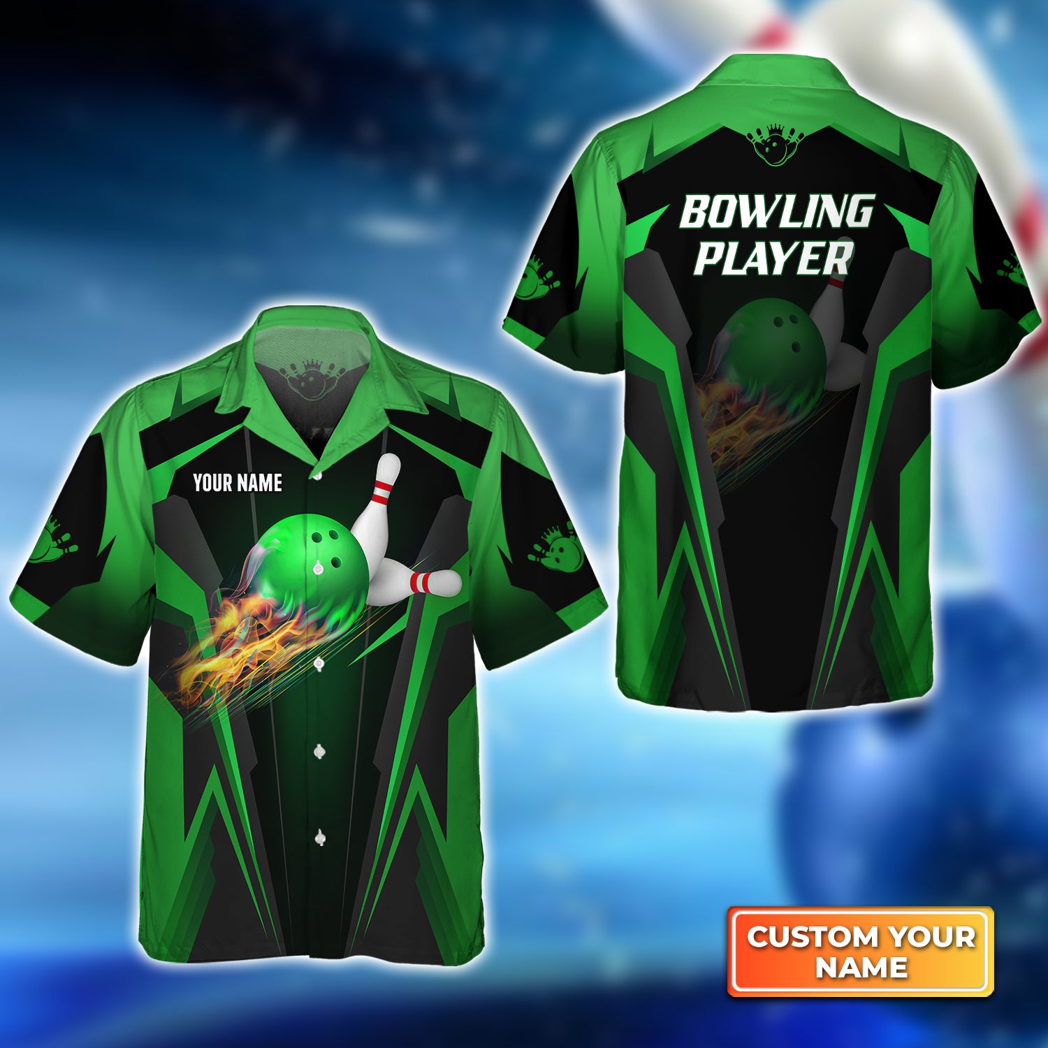 The Green Bowling Ball in Flames Breaks White Skittles Personalized Name 3D Hawaiian Shirt QB95