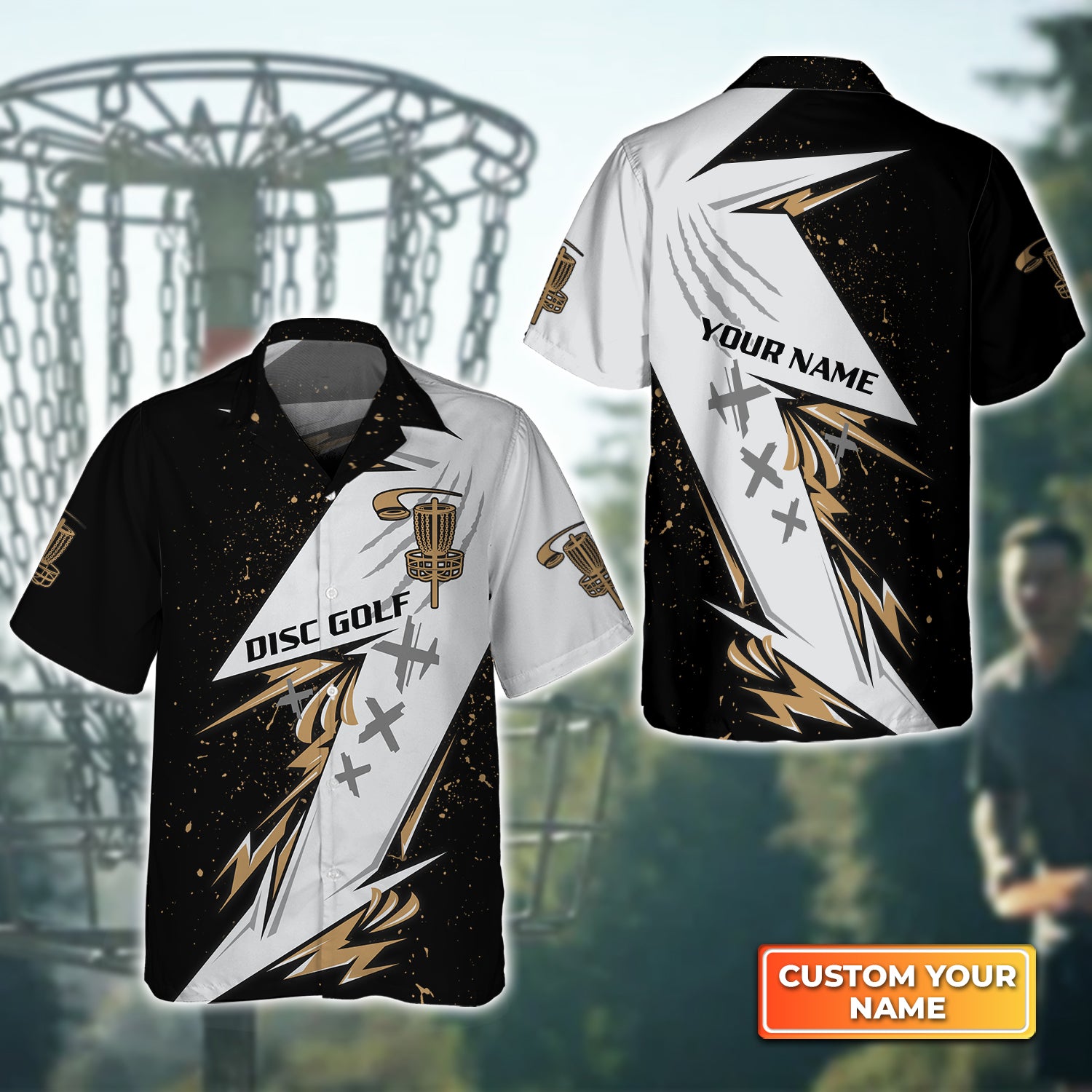 Black Gold Disc Golf Personalized Name 3D Hawaiian Shirt For Disc Golf Players QB95