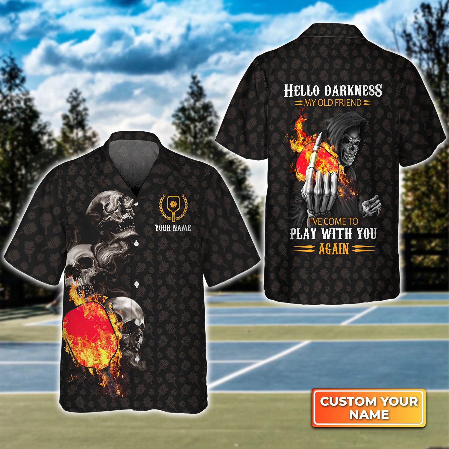 Pickleball Skull Hello Darkness My Old Friend Personalized Name 3D Hawaiian Shirt QB95 Gift For Pickleball Player