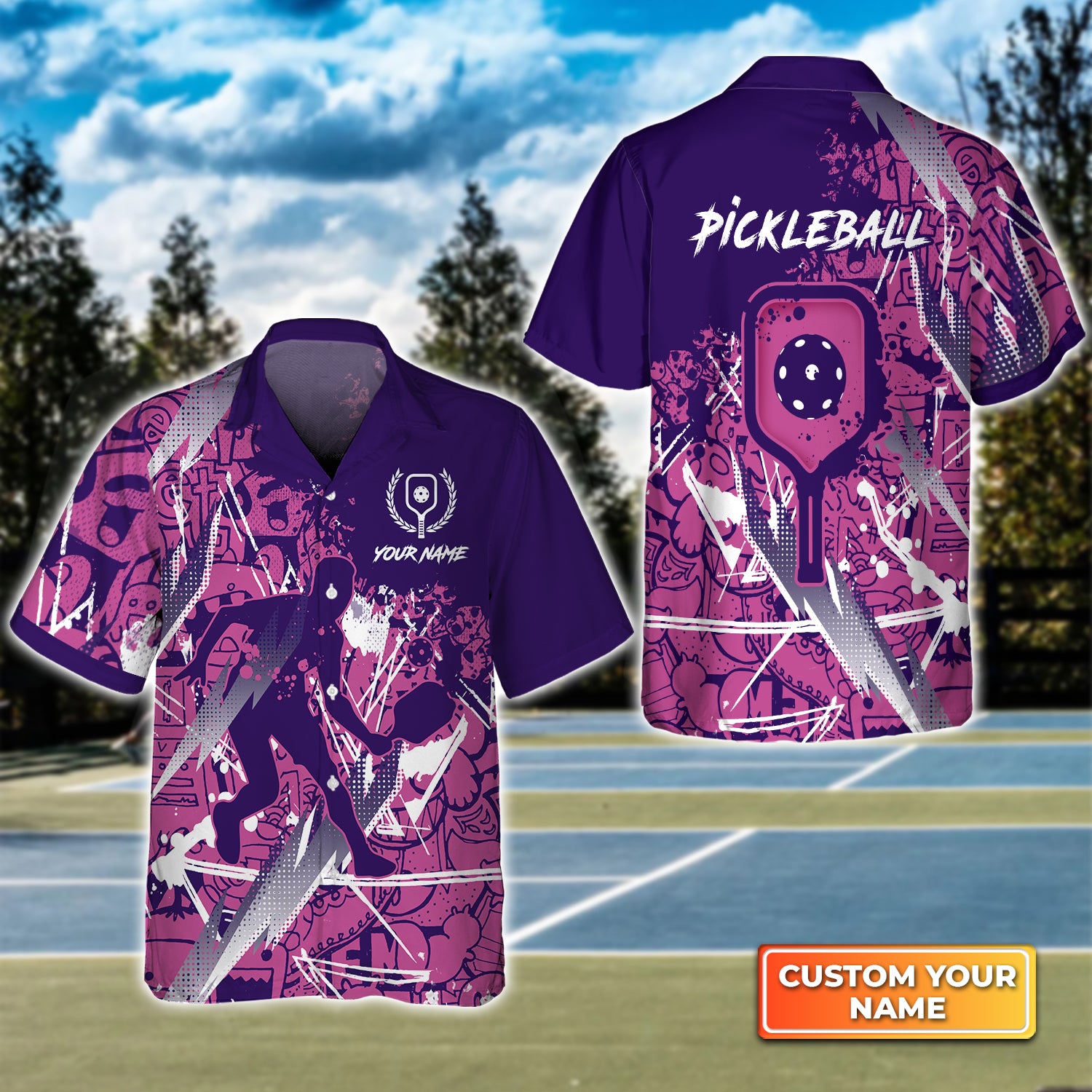 Pickleball - Scritch Man Purple Pink Pattern Personalized Name 3D Hawaiian Shirt QB95 Gift For Pickleball Player