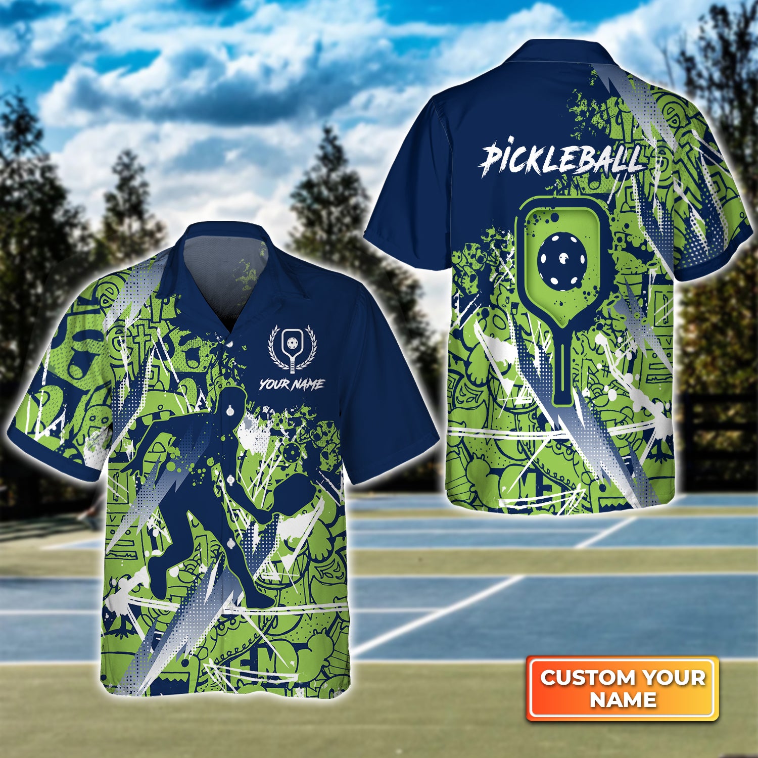 Pickleball - Scritch Man Green Blue Pattern Personalized Name 3D Hawaiian Shirt QB95 Gift For Pickleball Player