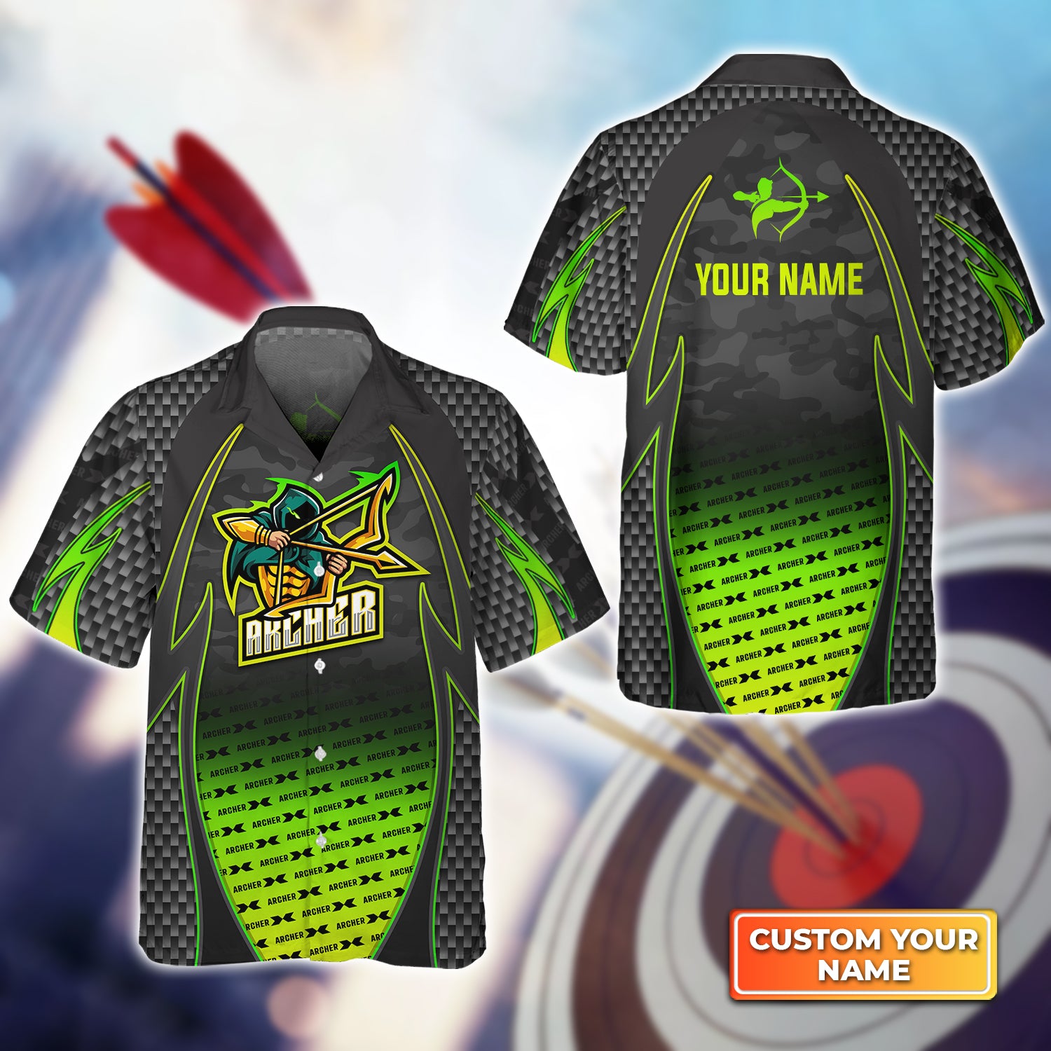Archer Esport Mascot Green Pattern Personalized Name 3D Hawaiian Shirt QB95 Gift For Archer
