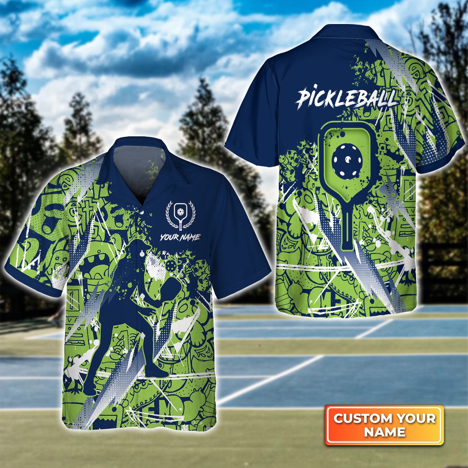 Pickleball - Scritch Woman Green Blue Pattern Personalized Name 3D Hawaiian Shirt QB95 Gift For Pickleball Player