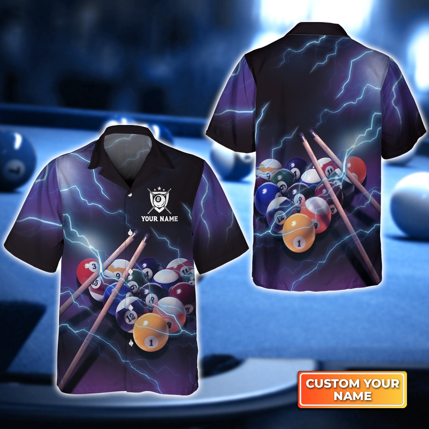 Billiard 8 Ball Thunder Lightning Personalized Name 3D Hawaiian Shirt For Billiard Players QB95