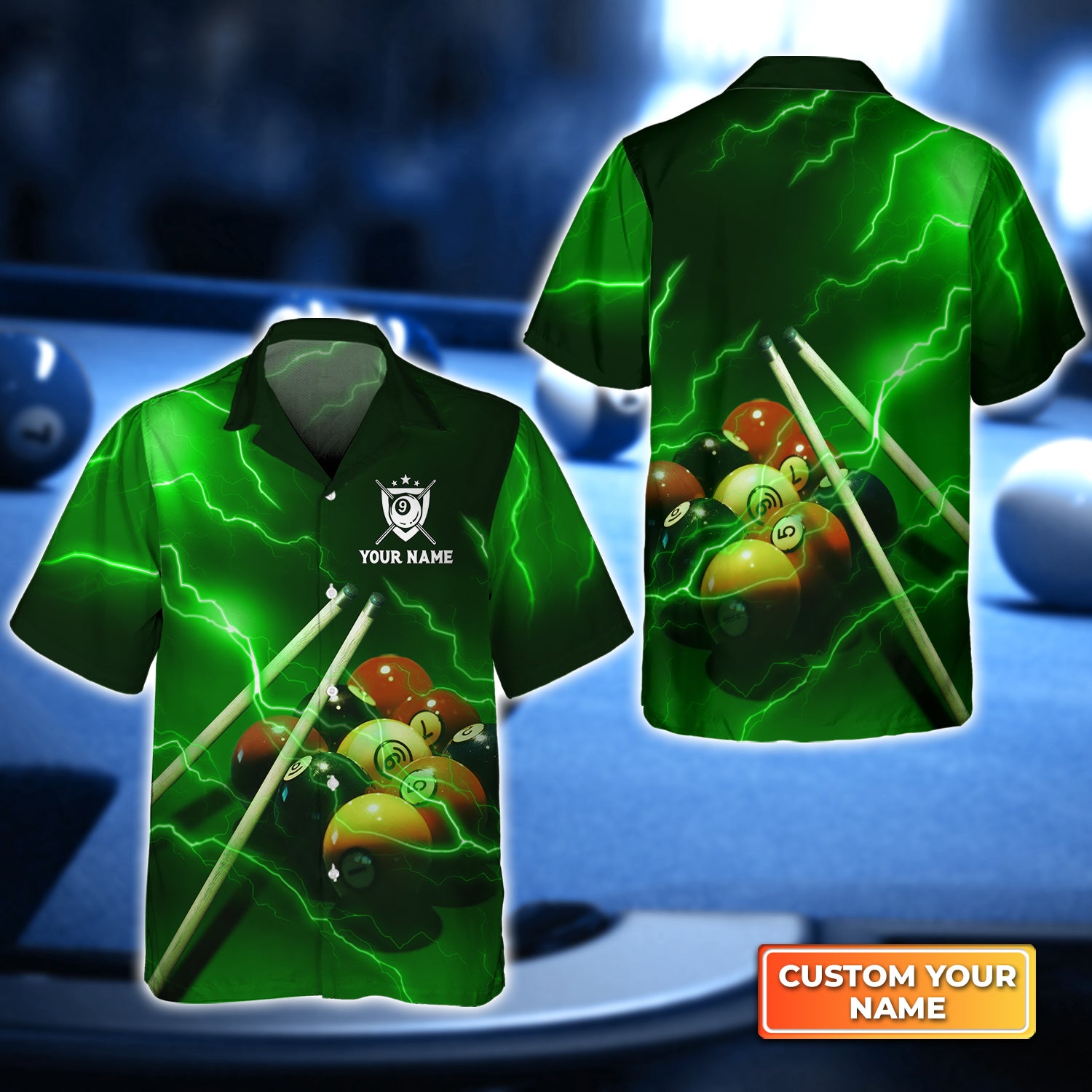 Billiard 9 Ball Thunder Lightning Fluor Green Personalized Name 3D Hawaiian Shirt For Billiard Players QB95