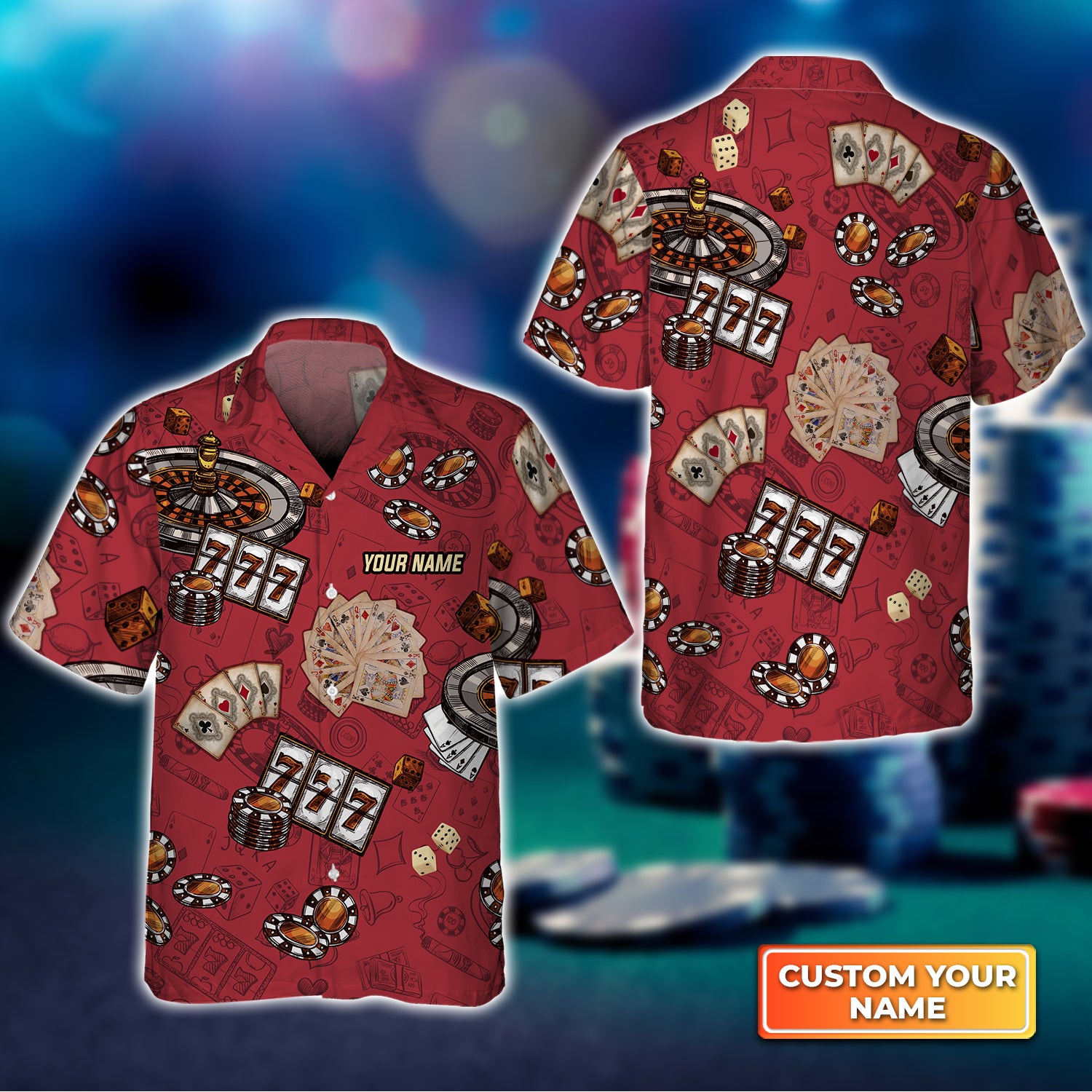 Casino Pattern Red Personalized Name 3D Hawaiian Shirt For Poker Players QB95