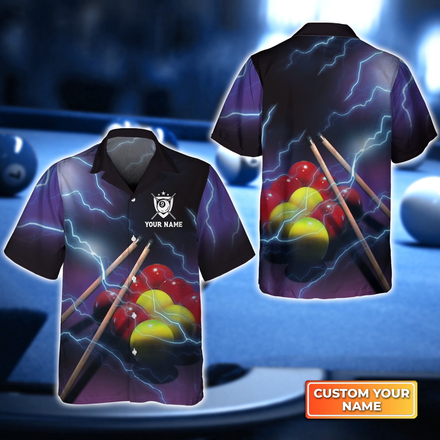 Yellow and Red Billiard Ball Thunder Lightning Personalized Name 3D Hawaiian Shirt For Billiard Players QB95