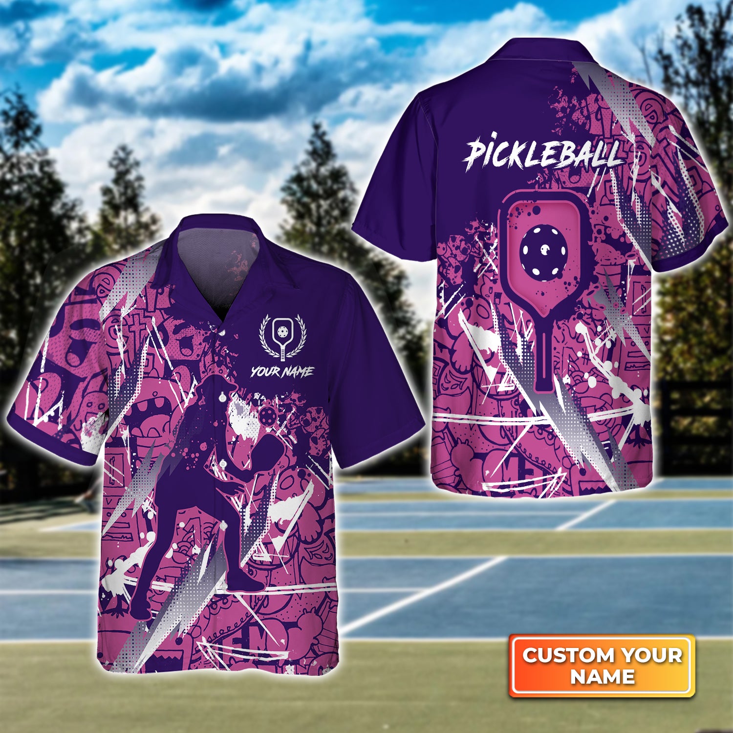 Pickleball - Scritch Woman Purple Pink Pattern Personalized Name 3D Hawaiian Shirt QB95 Gift For Pickleball Player