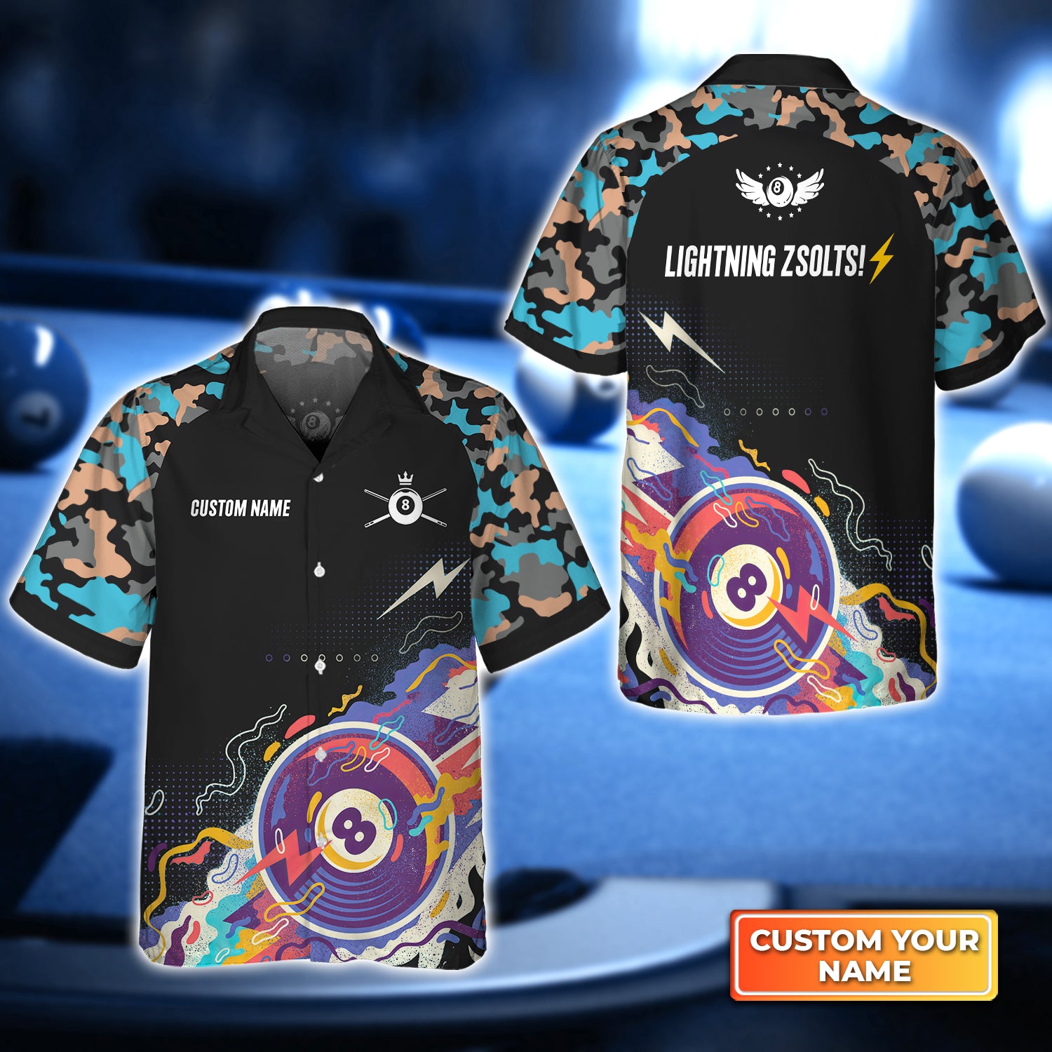 LIGHTNING ZSOLTS!⚡️ Pool 8 Ball Black Blue Watercolor Personalized Name 3D Hawaiian Shirt For Billiard Players QB95