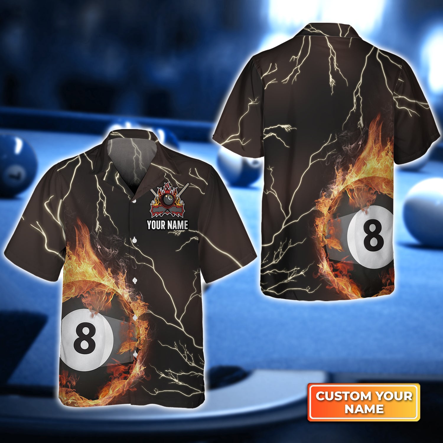 Billiard 8 Ball Thunder Fire FlameFlame Personalized Name 3D Hawaiian Shirt For Billiard Players QB95