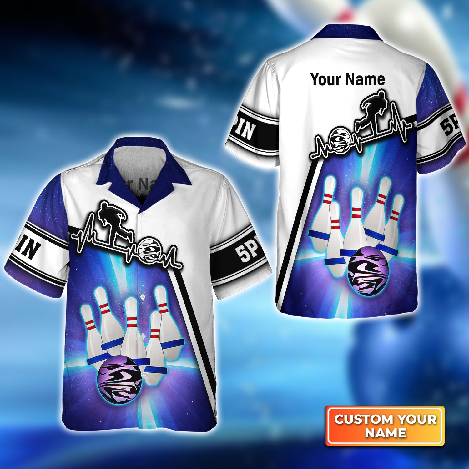 Blue Bowling 5 Pins Personalized Name 3D Hawaiian Shirt QB95