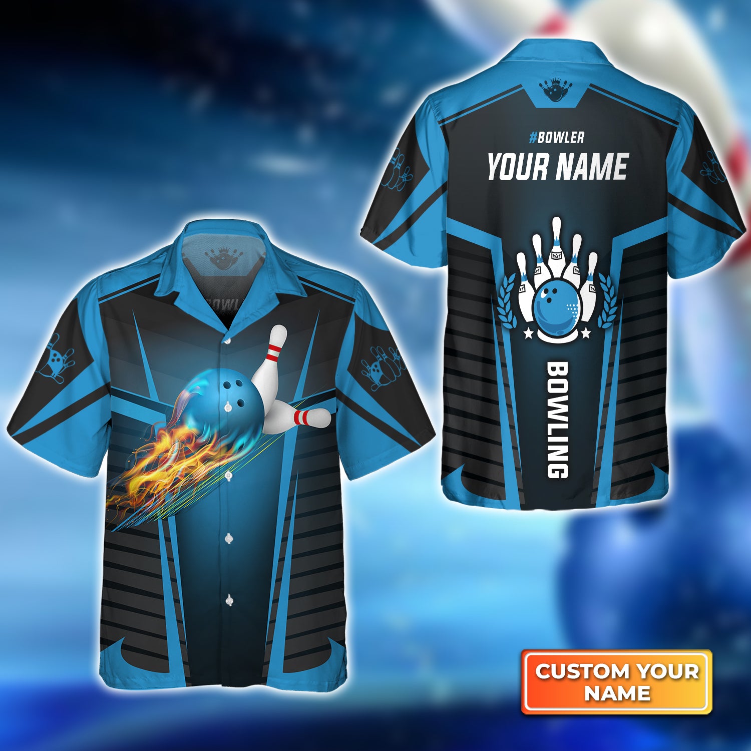 BowlerThe Blue Bowling Ball in Flames Breaks White Skittles Personalized Name 3D Hawaiian Shirt QB95