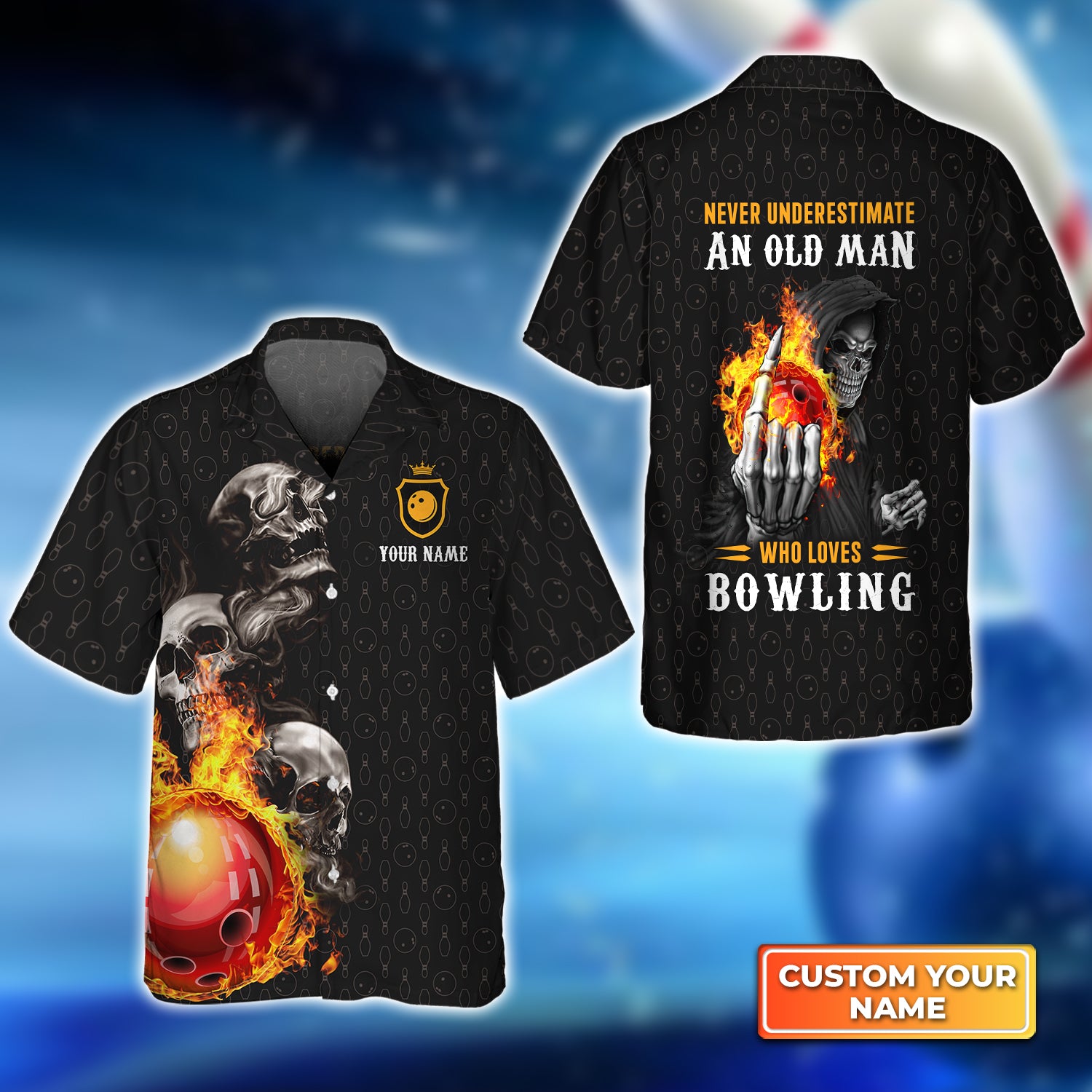 Bowling Skull Never Underestimate An Old Man Who Loves Bowling Personalized Name 3D Hawaiian Shirt QB95