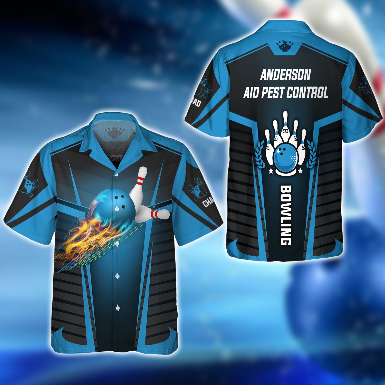 Chad - Anderson Aid Pest Control Blue Bowling Team 3D Shirt - QB95