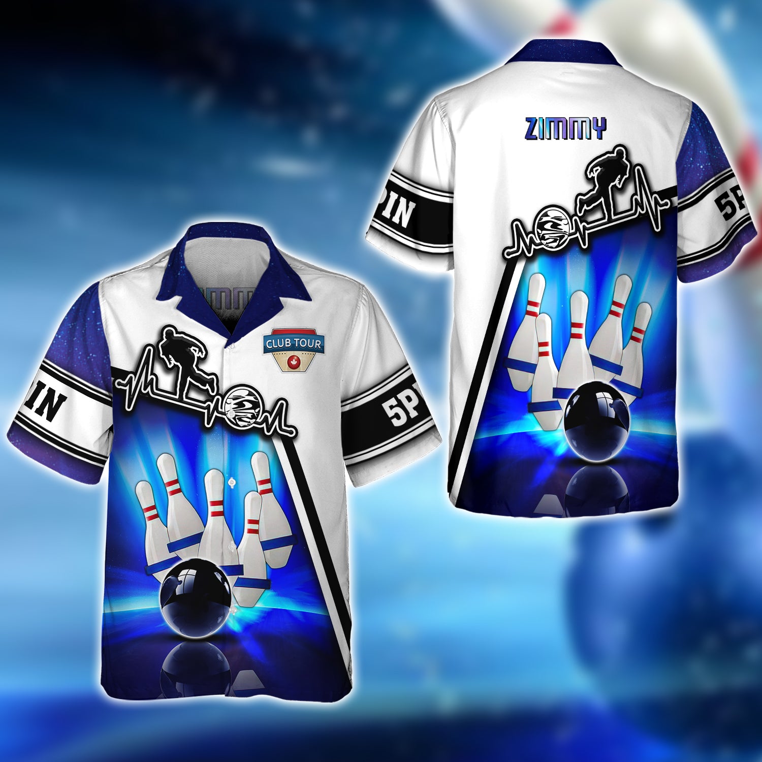 ZIMMY Bowling 5 Pins Blue Neonlights Bowling 3D Shirt - QB95