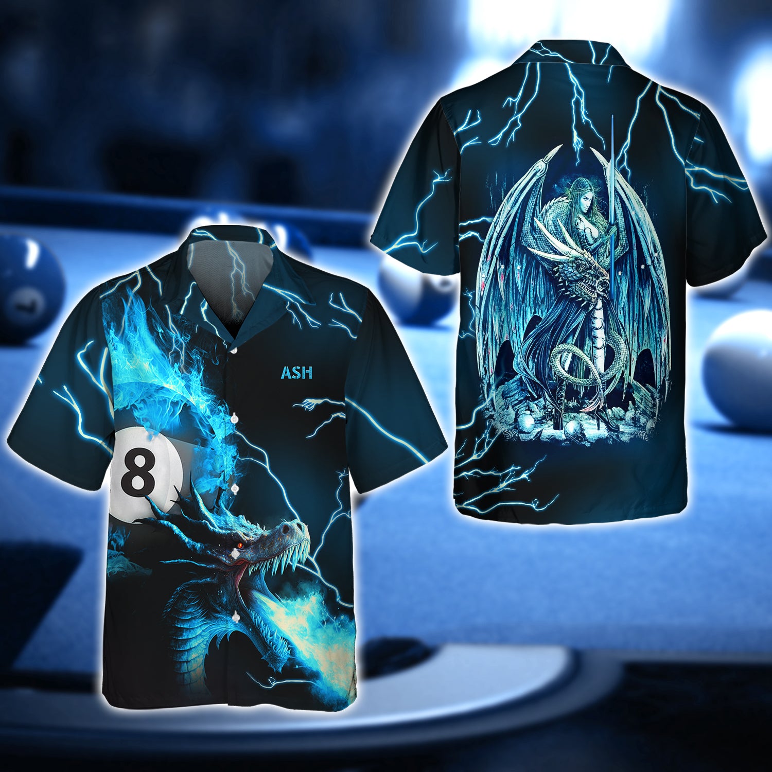 ASH Pool 8 Ball Dragon On Blue Fire 3D Shirt - QB95