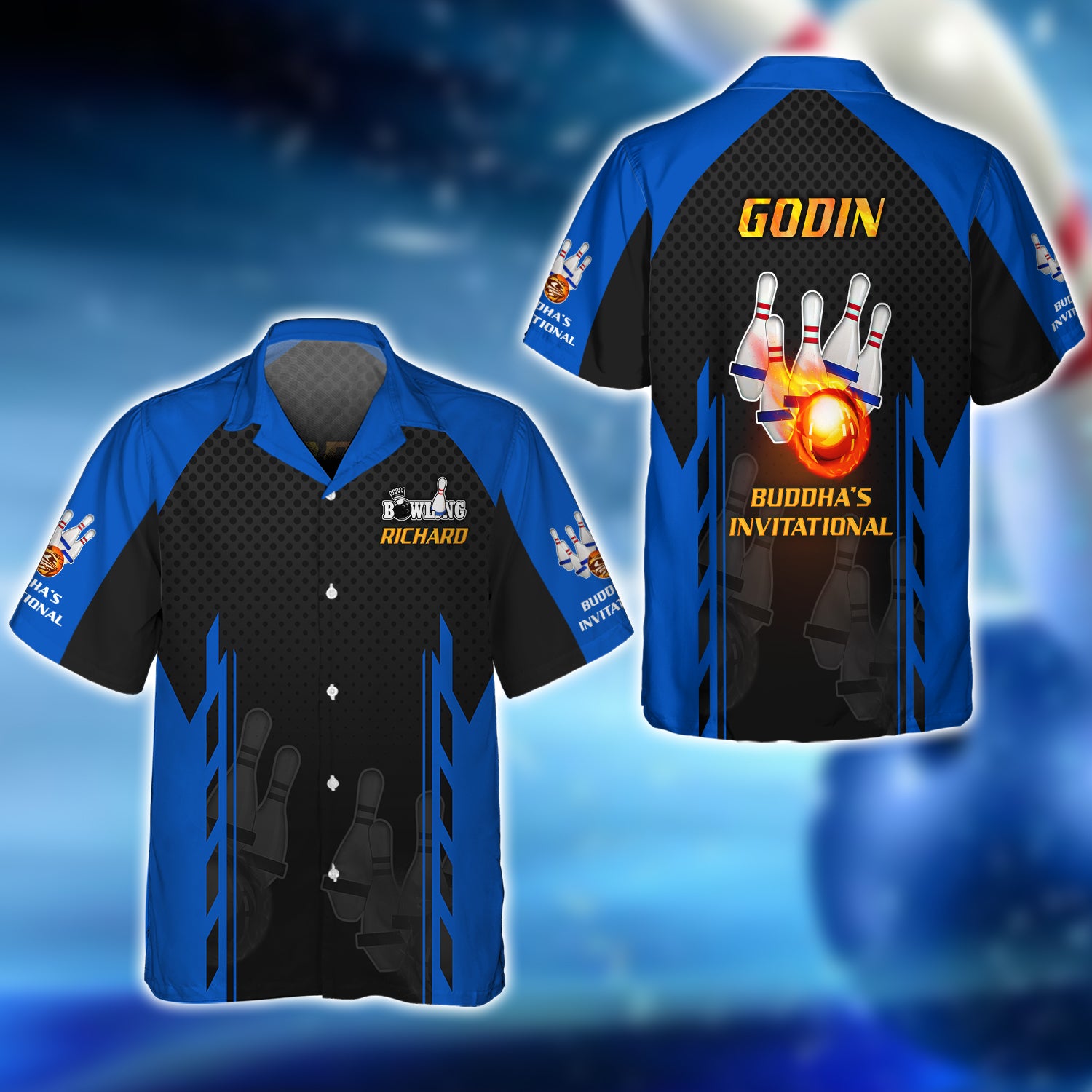 Richard Godin Buddha's Invitational Blue Bowling 5Pins On Fire 3D Shirt - QB95