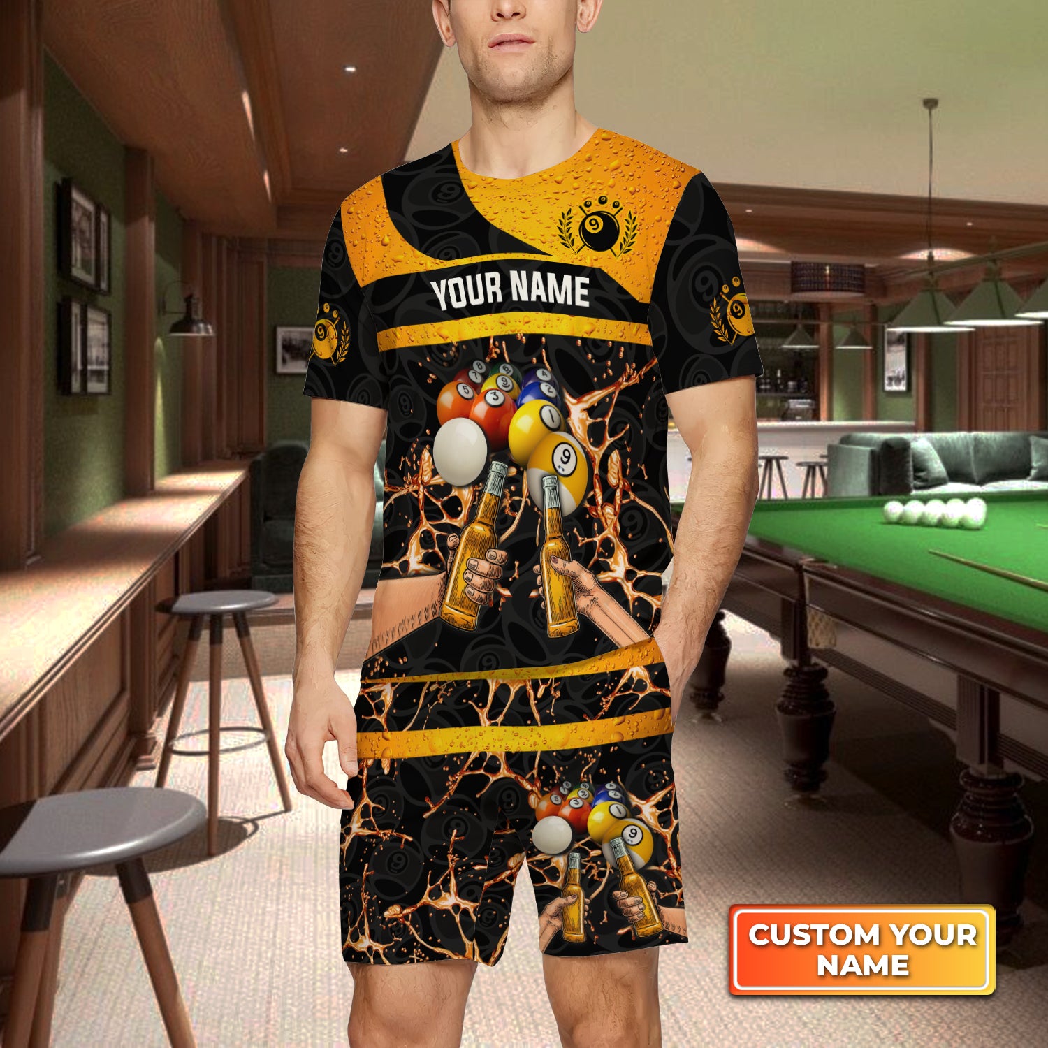 Nine-Ball Billiard And Beer That's Why I'm Here Custom Name 3D Short Sleeve T-Shirt Men's Board Shorts