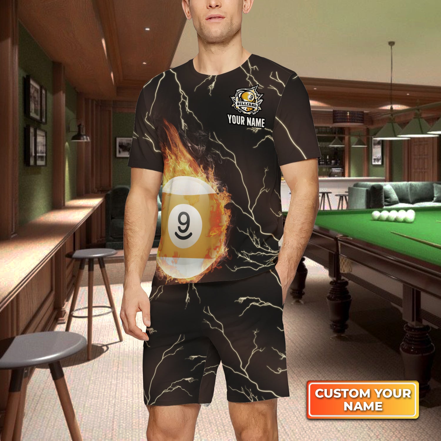 Billiard 9 Ball Fire Flame Club Custom Name 3D Short Sleeve T-Shirt Men's Board Shorts