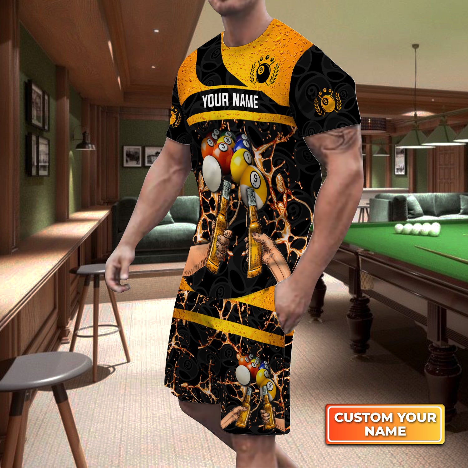 Nine-Ball Billiard And Beer That's Why I'm Here Custom Name 3D Short Sleeve T-Shirt Men's Board Shorts