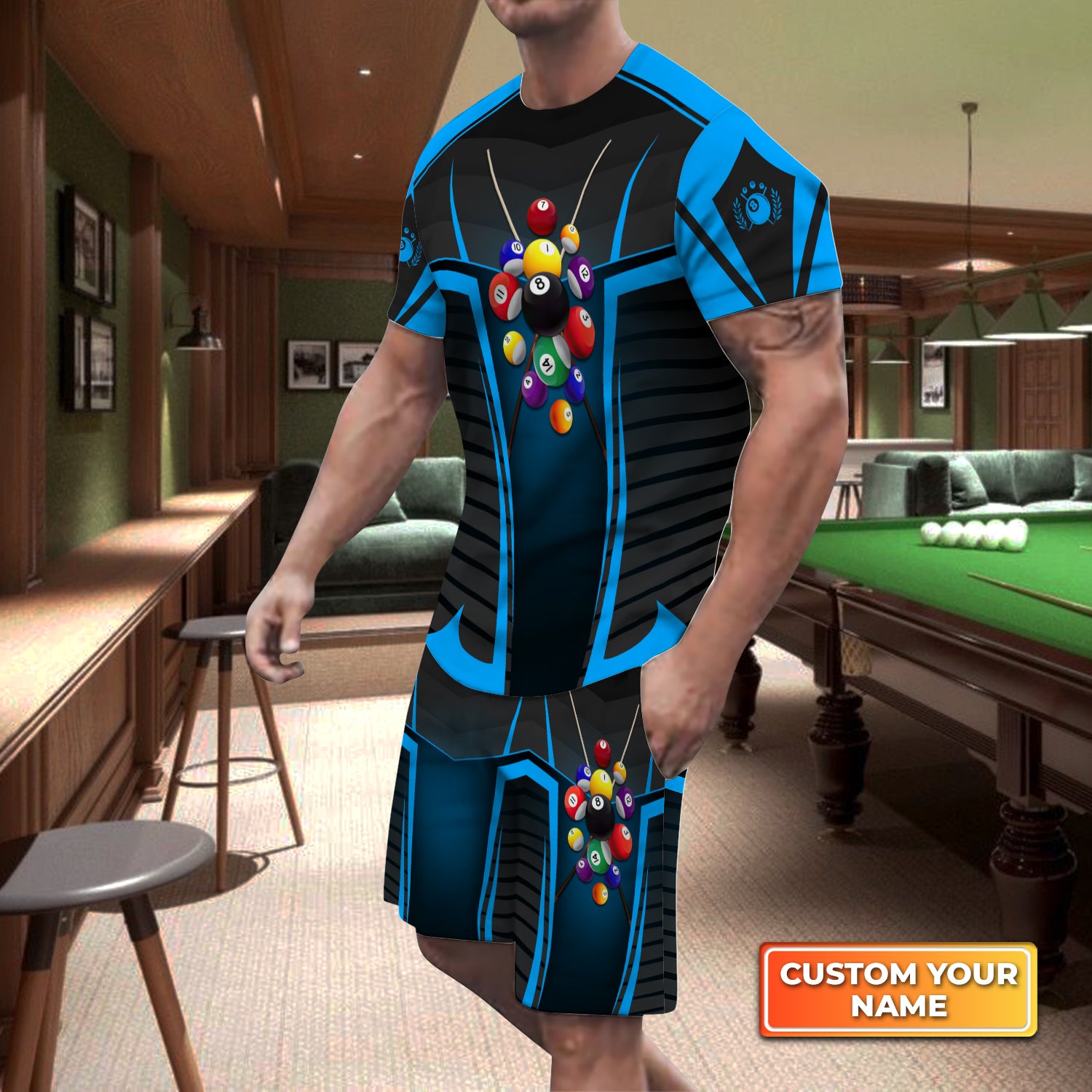 Blue Billiard Balls Custom Name 3D Short Sleeve T-Shirt Men's Board Shorts