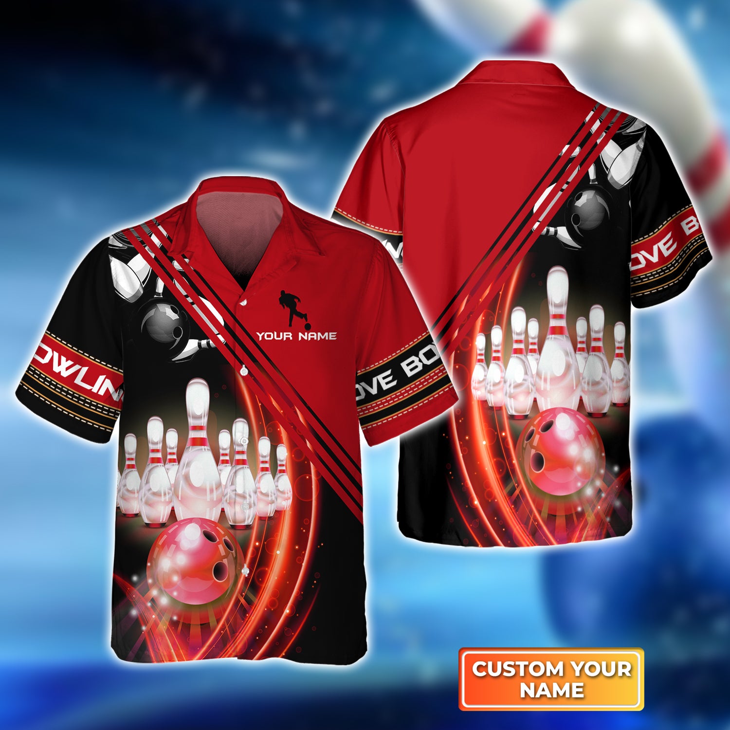 Red Bowling Ball in Motion and the Pins Personalized Name 3D Hawaiian Shirt QB95