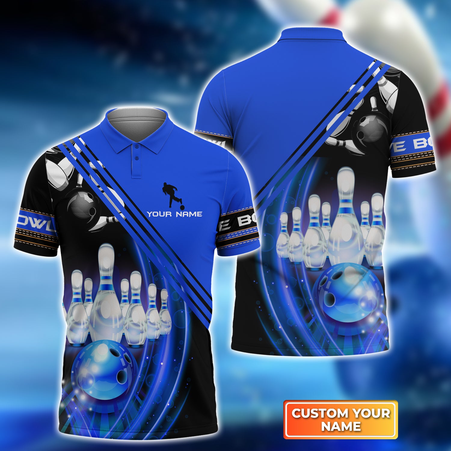 Blue Bowling Ball in Motion and the Pins Personalized Name 3D Polo Shirt QB95