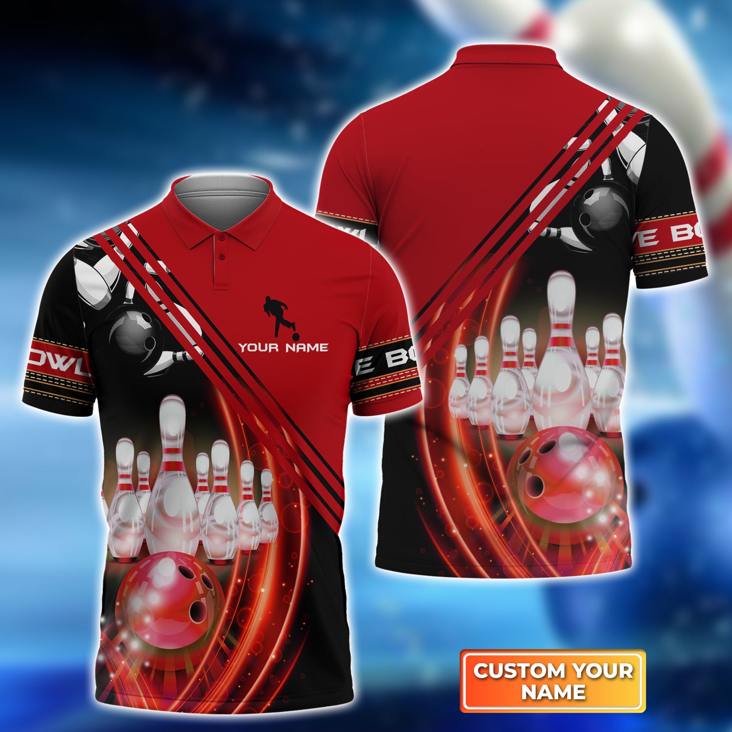 Red Bowling Ball in Motion and the Pins Personalized Name 3D Polo Shirt QB95