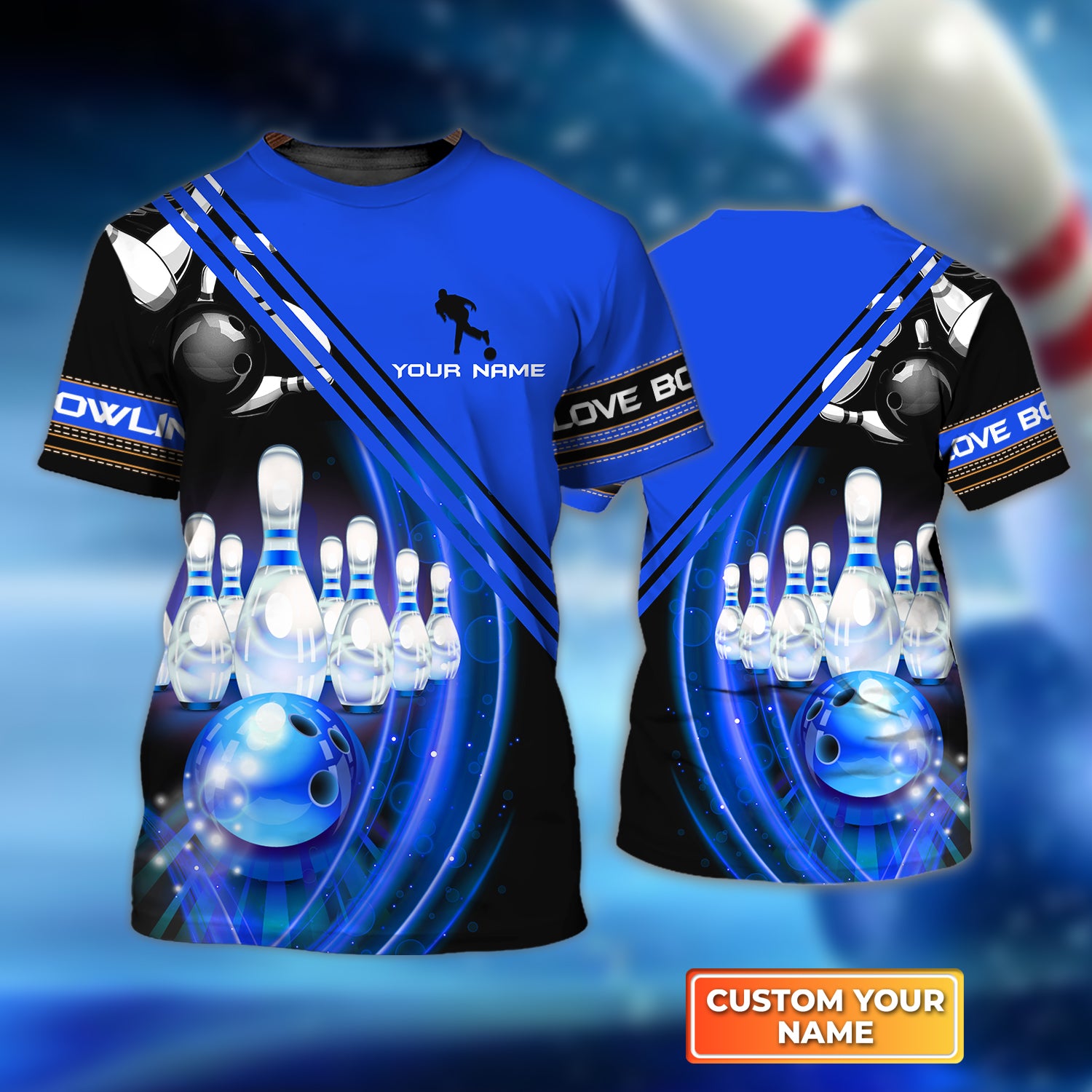 Blue Bowling Ball in Motion and the Pins Personalized Name 3D Tshirt QB95