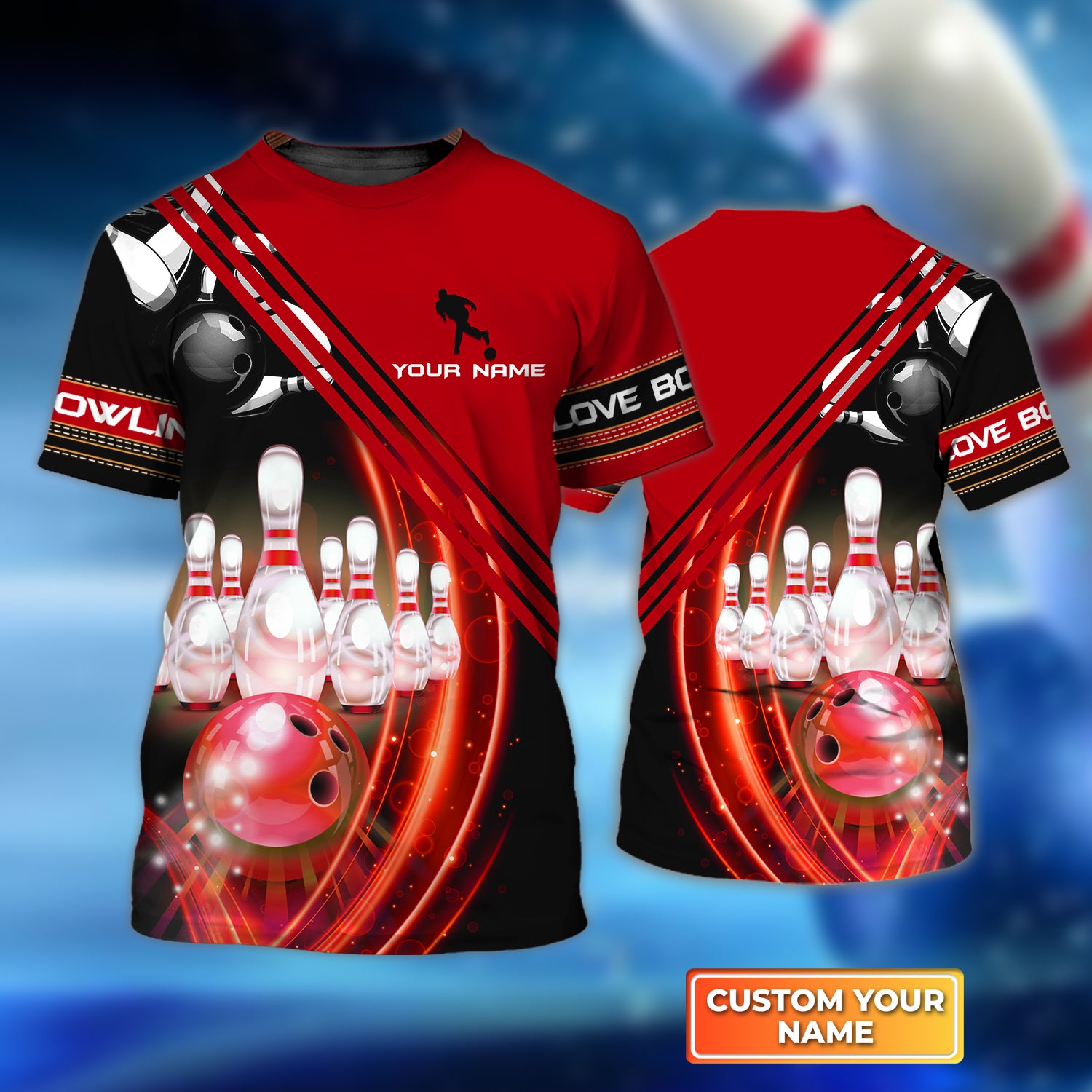 Red Bowling Ball in Motion and the Pins Personalized Name 3D Tshirt QB95