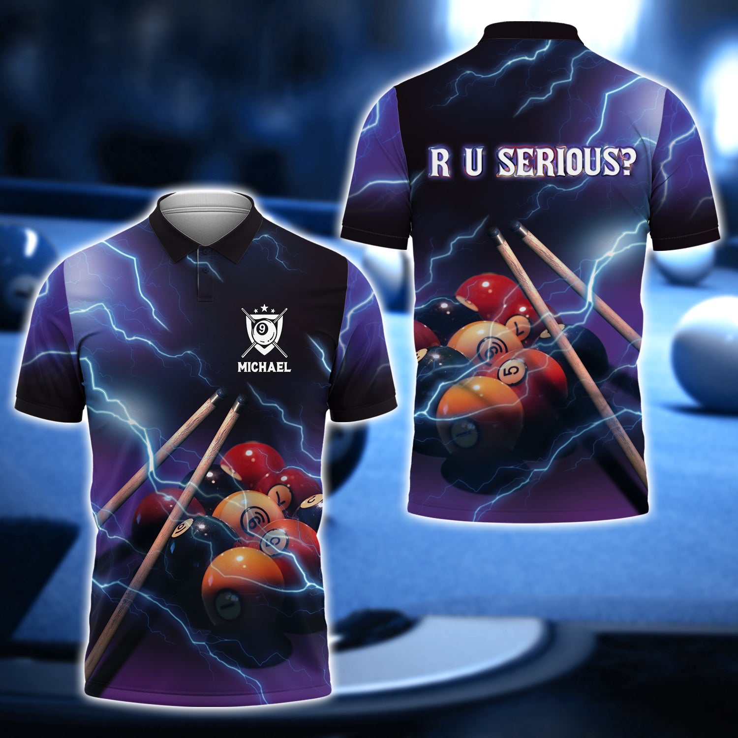 Michael - R U SERIOUS Team Billiard 9 Ball Thunder Lightning 3D Shirt - QB95