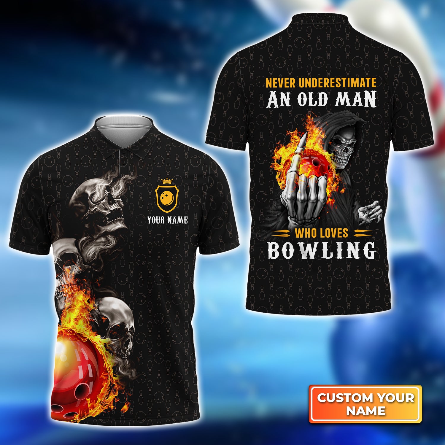 Bowling Skull Never Underestimate An Old Man Who Loves Bowling Personalized Name 3D Polo Shirt QB95 Gift For Bowler