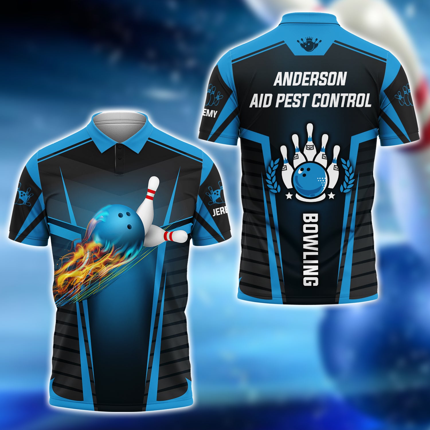 Jeremy - Anderson Aid Pest Control Blue Bowling Team 3D Shirt - QB95