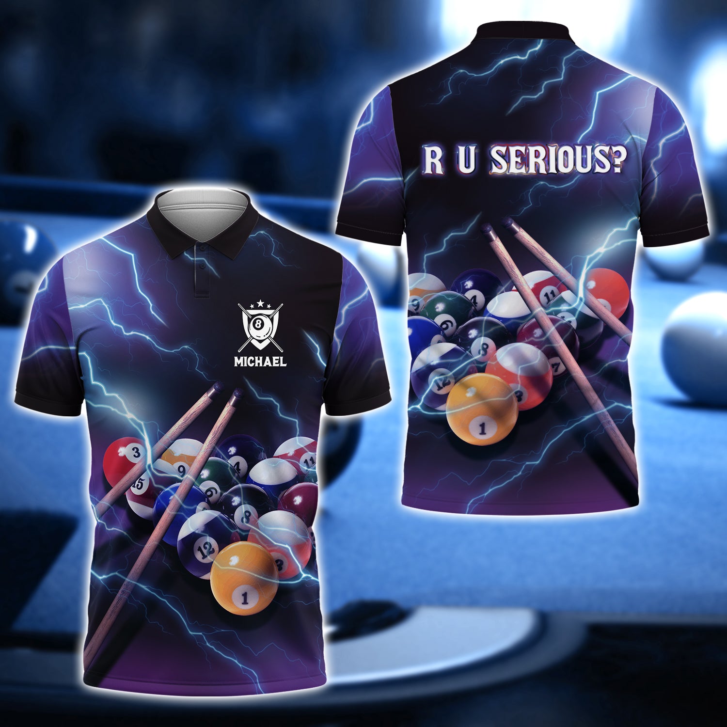 Michael - R U SERIOUS Team Billiard 8 Ball Thunder Lightning 3D Shirt - QB95