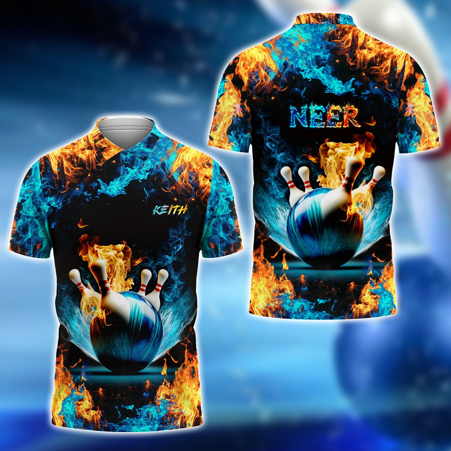 KEITH NEER Blue Bowling Ball And Pins On Fire 3D Shirt - QB95