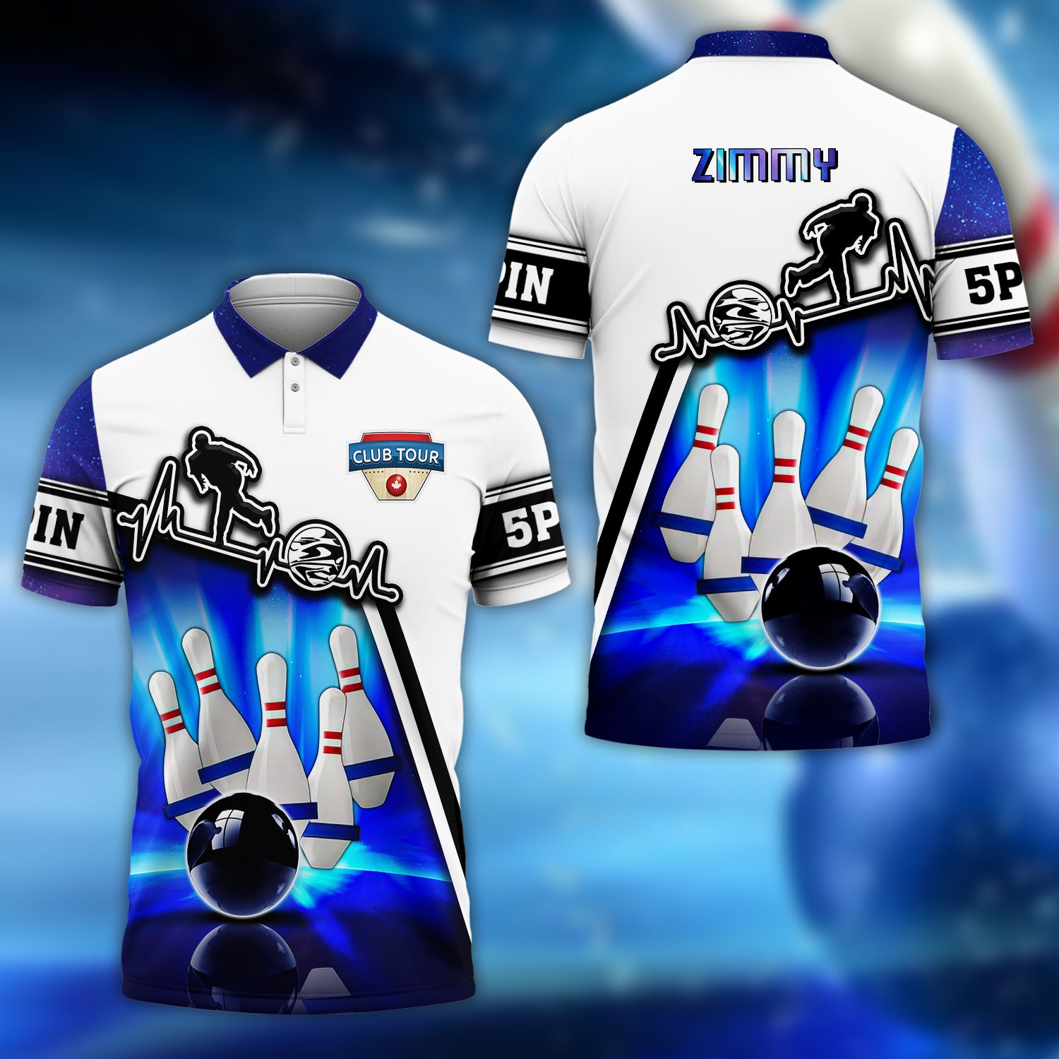 ZIMMY Bowling 5 Pins Blue Neonlights Bowling 3D Shirt - QB95