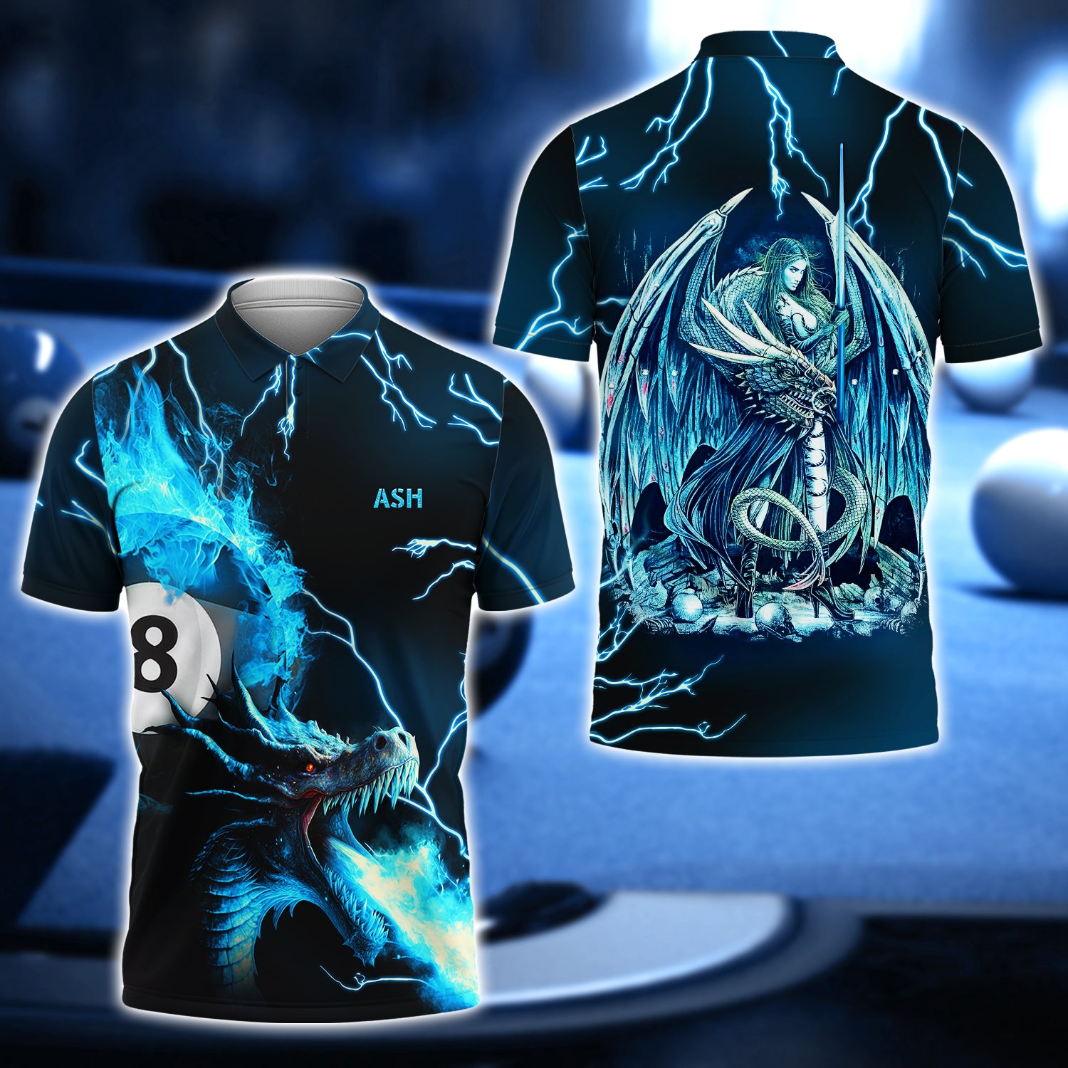 ASH Pool 8 Ball Dragon On Blue Fire 3D Shirt - QB95