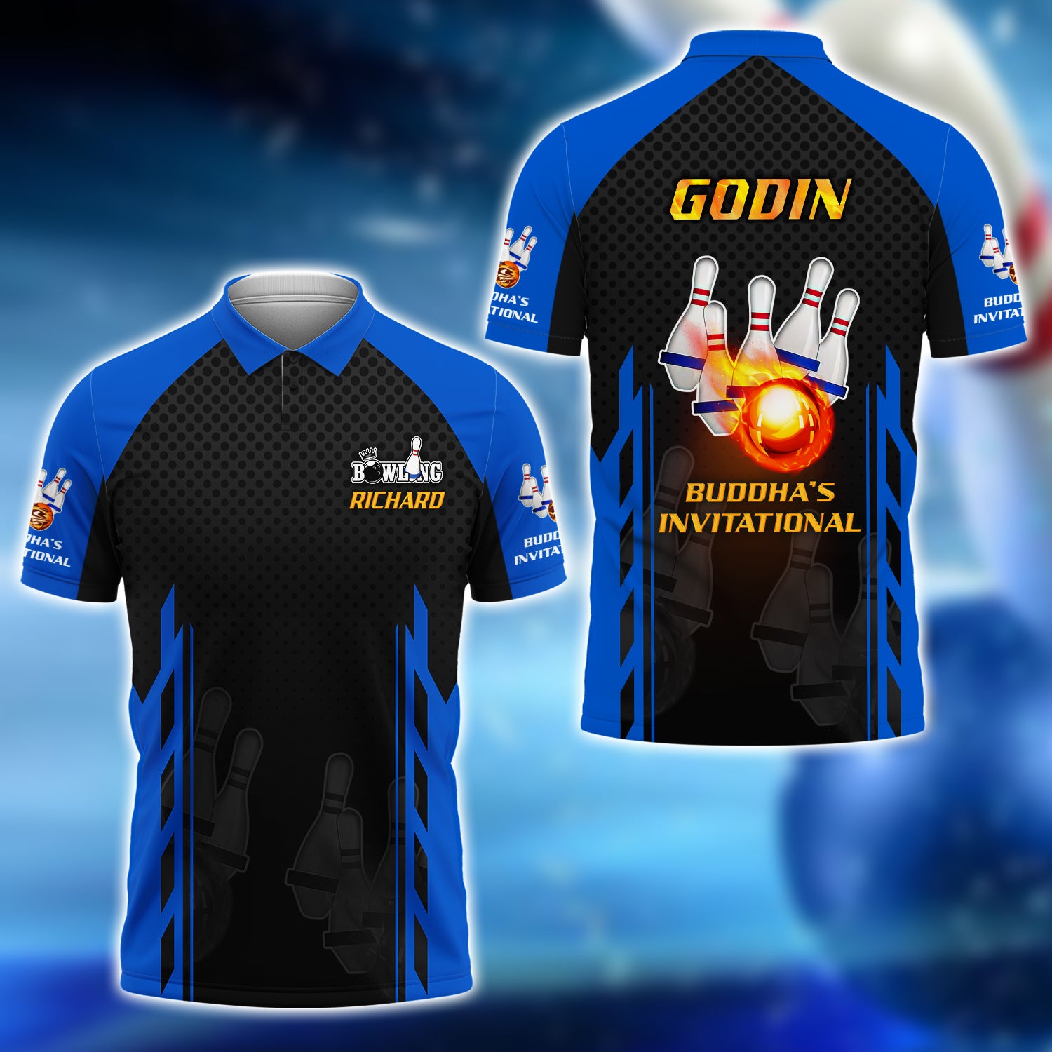 Richard Godin Buddha's Invitational Blue Bowling 5Pins On Fire 3D Shirt - QB95