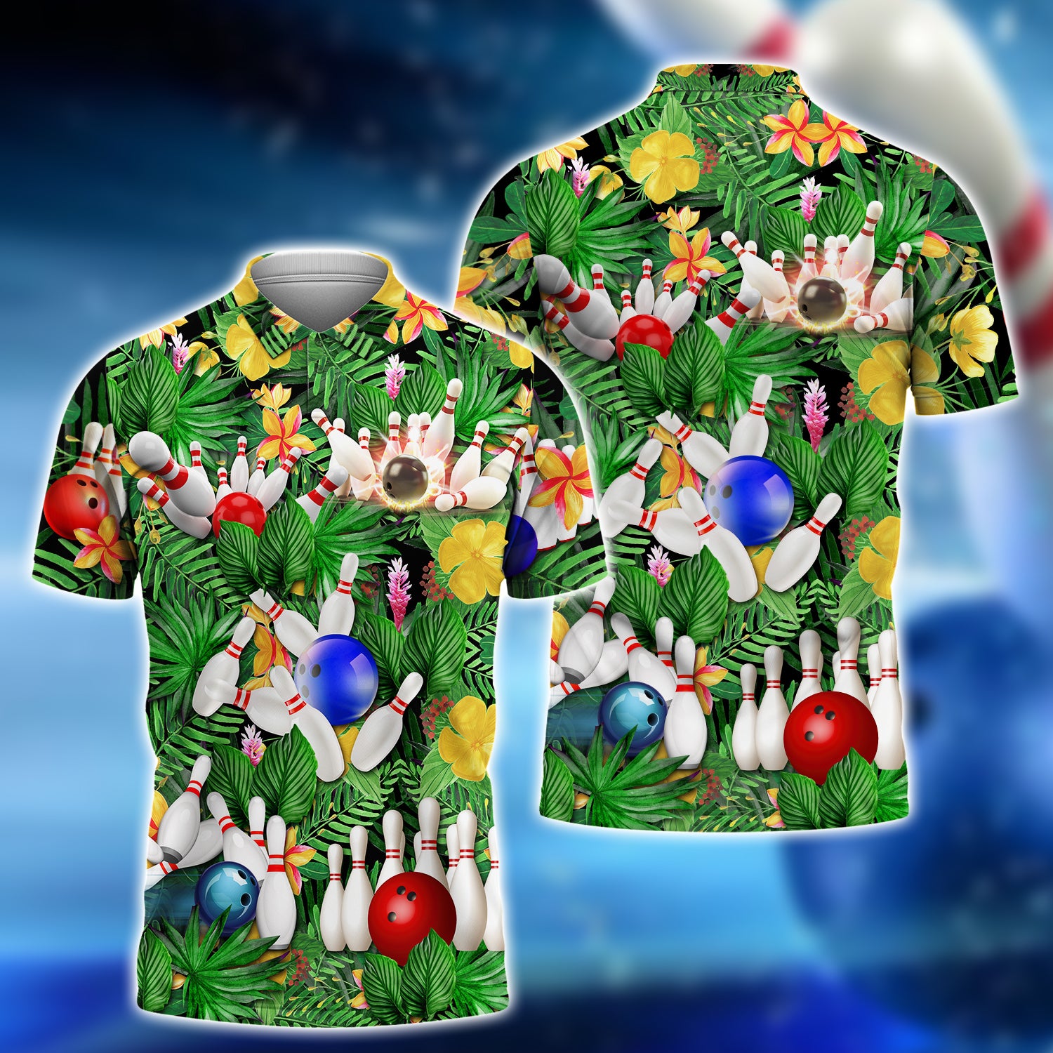 Multiple Bowl And Ball In Flower Hawaii Pattern 3D Polo Shirt For Bowler QB95