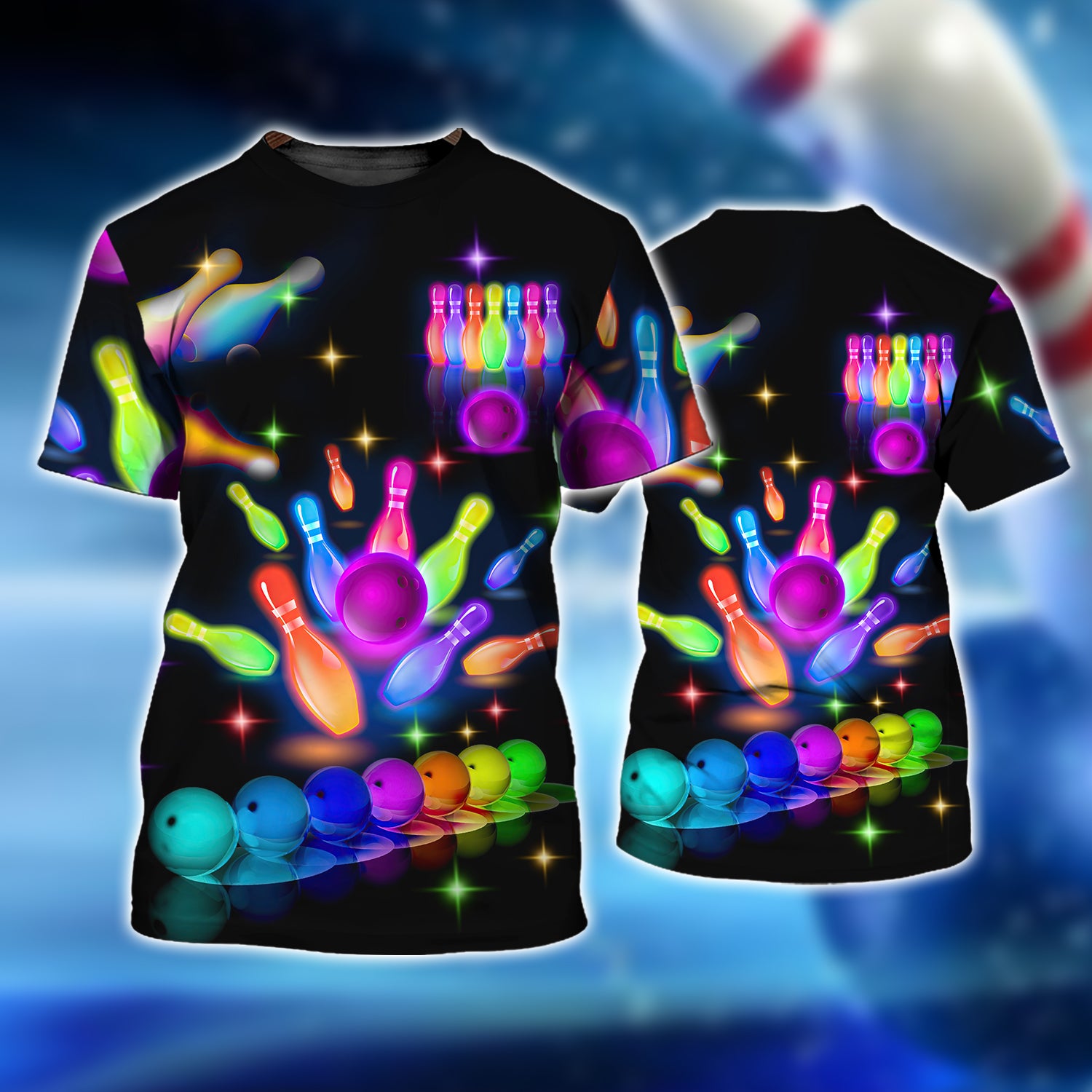 Bowling Party Neon with Purple Balls and White Pins on the Bright Pink 3D Tshirt QB95