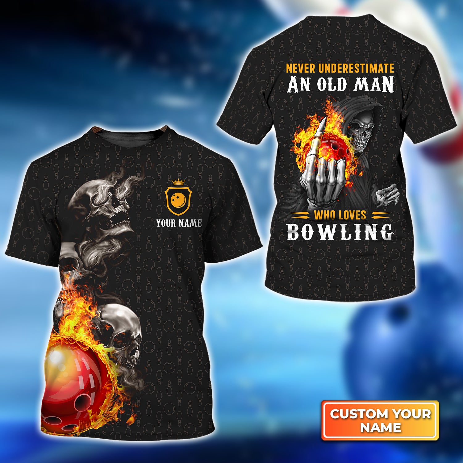 Bowling Skull Never Underestimate An Old Man Who Loves Bowling Personalized Name 3D Tshirt QB95