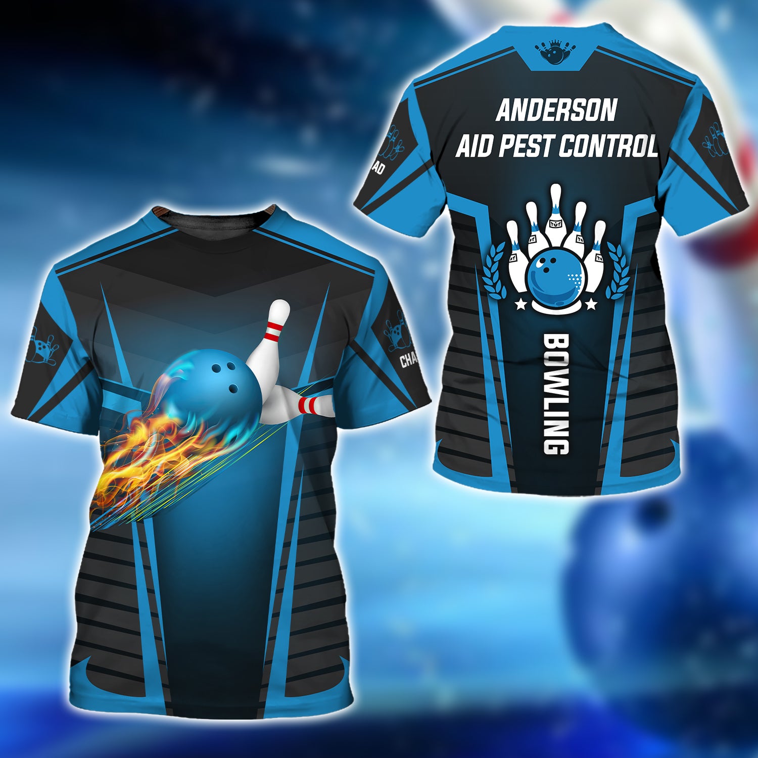 Chad - Anderson Aid Pest Control Blue Bowling Team 3D Shirt - QB95