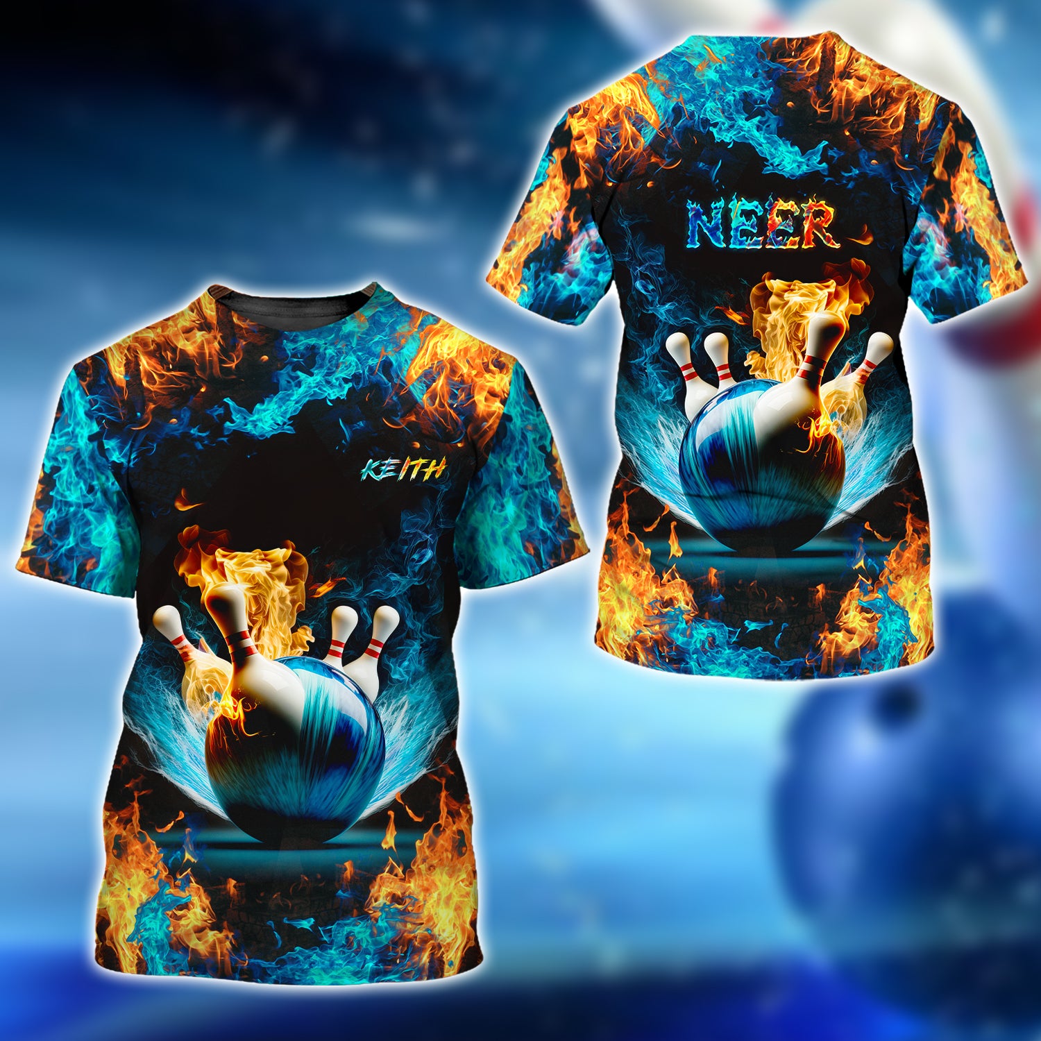 KEITH NEER Blue Bowling Ball And Pins On Fire 3D Shirt - QB95