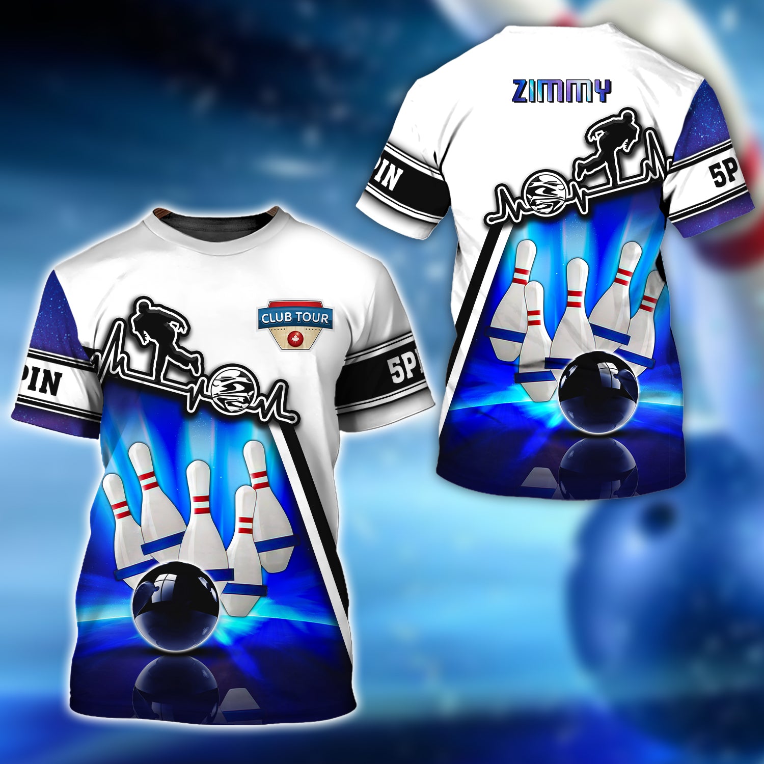 ZIMMY Bowling 5 Pins Blue Neonlights Bowling 3D Shirt - QB95