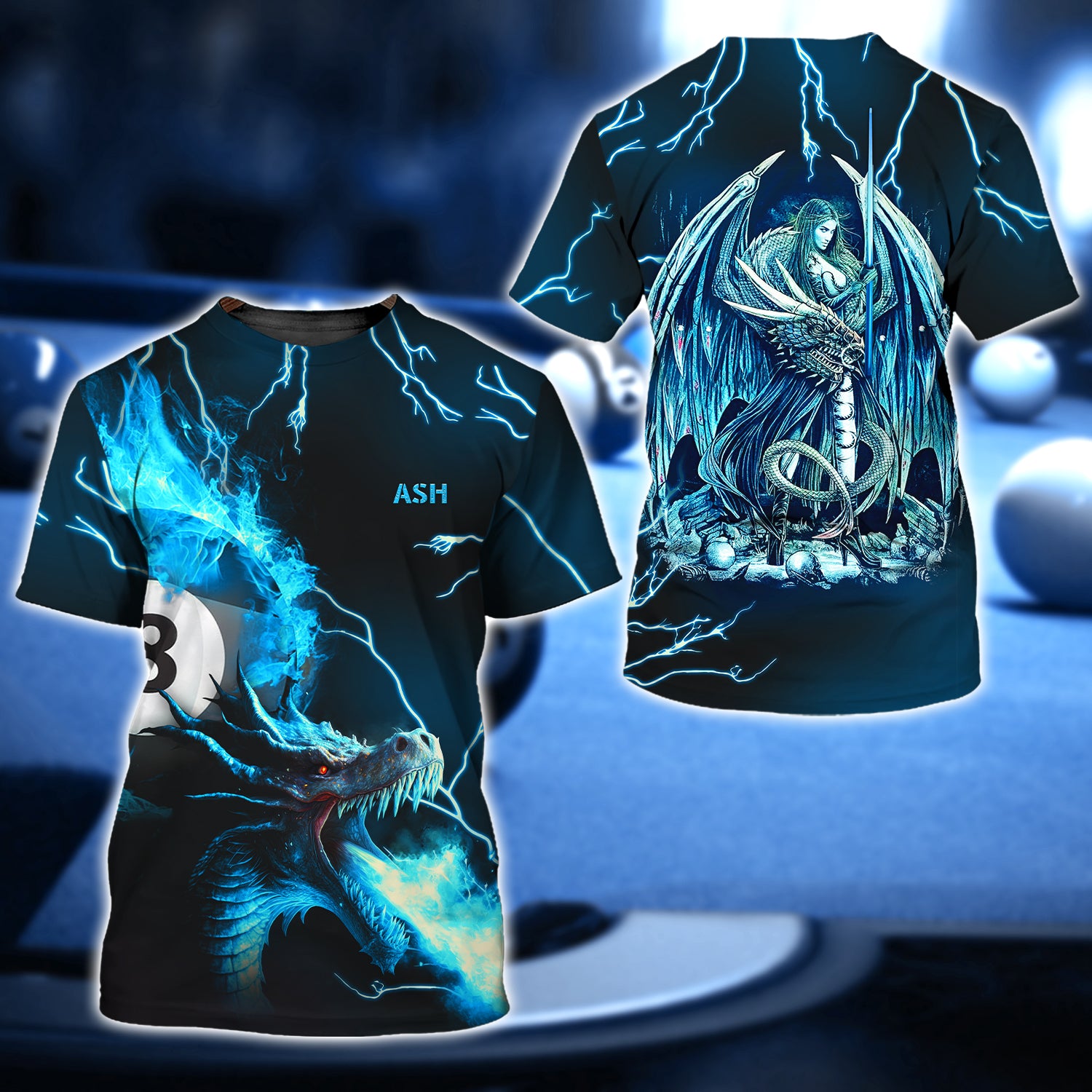 ASH Pool 8 Ball Dragon On Blue Fire 3D Shirt - QB95